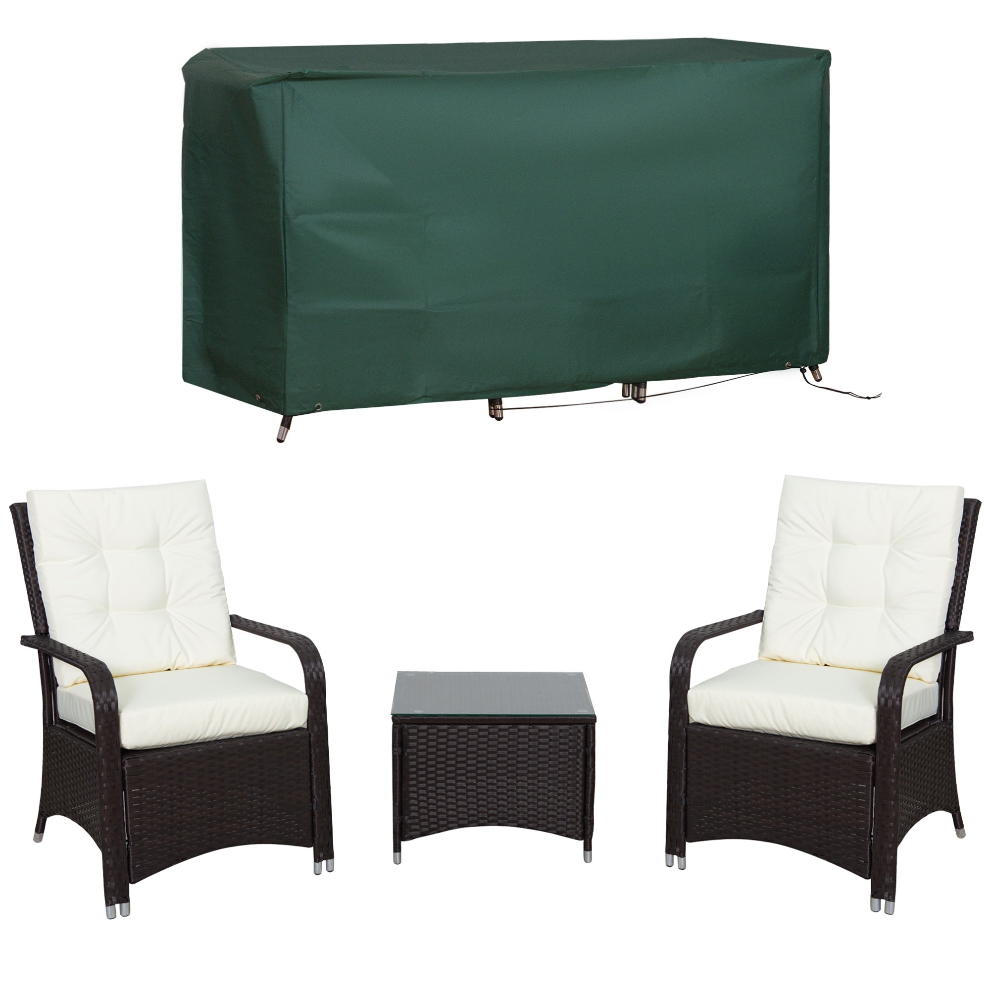 Outsunny 3 Pieces Rattan Bistro Set with Furniture Cover, Wicker Garden Furniture Set, Glass Top Coffee Table and Chairs with Cushions for Outdoor, Patio, Balcony, Cream White