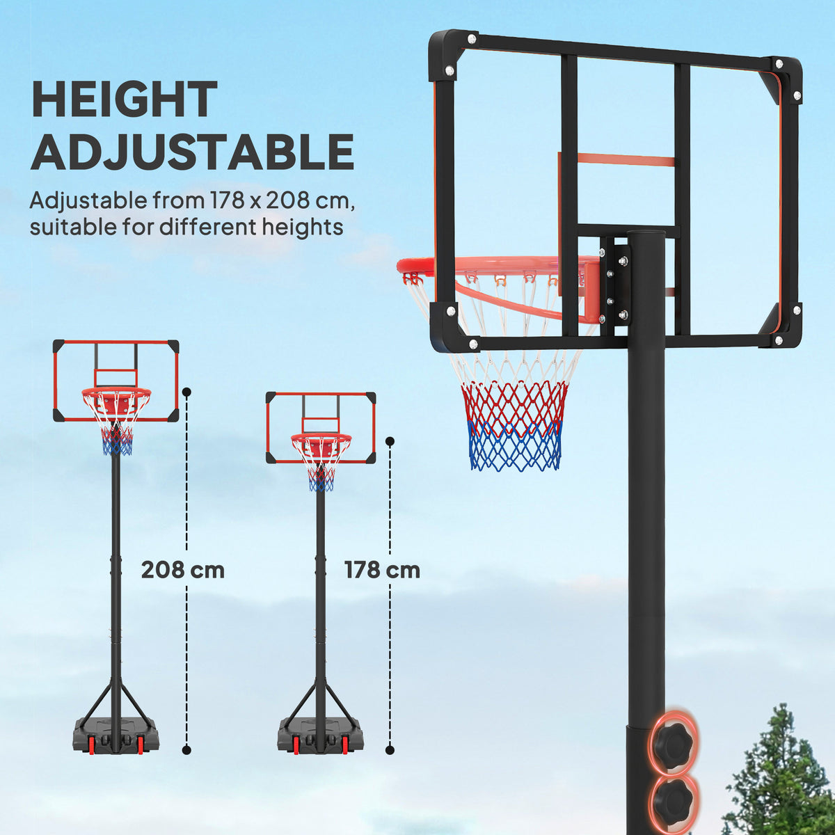 SPORTNOW Height Adjustable Basketball Hoop and Stand with Firm Backboard and Weighted Base, Portable on Wheels, Red