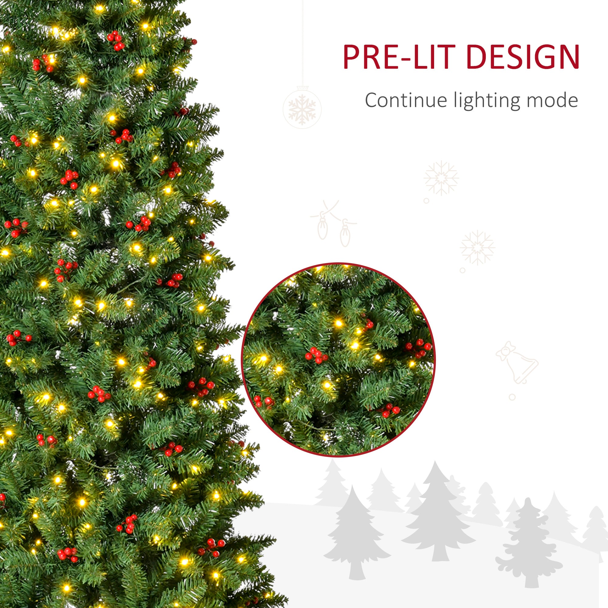 HOMCOM 7FT Prelit Artificial Pencil Christmas Tree with Warm White LED Light, Red Berry, Holiday Home Xmas Decoration, Green - North Peak Garden Furniture