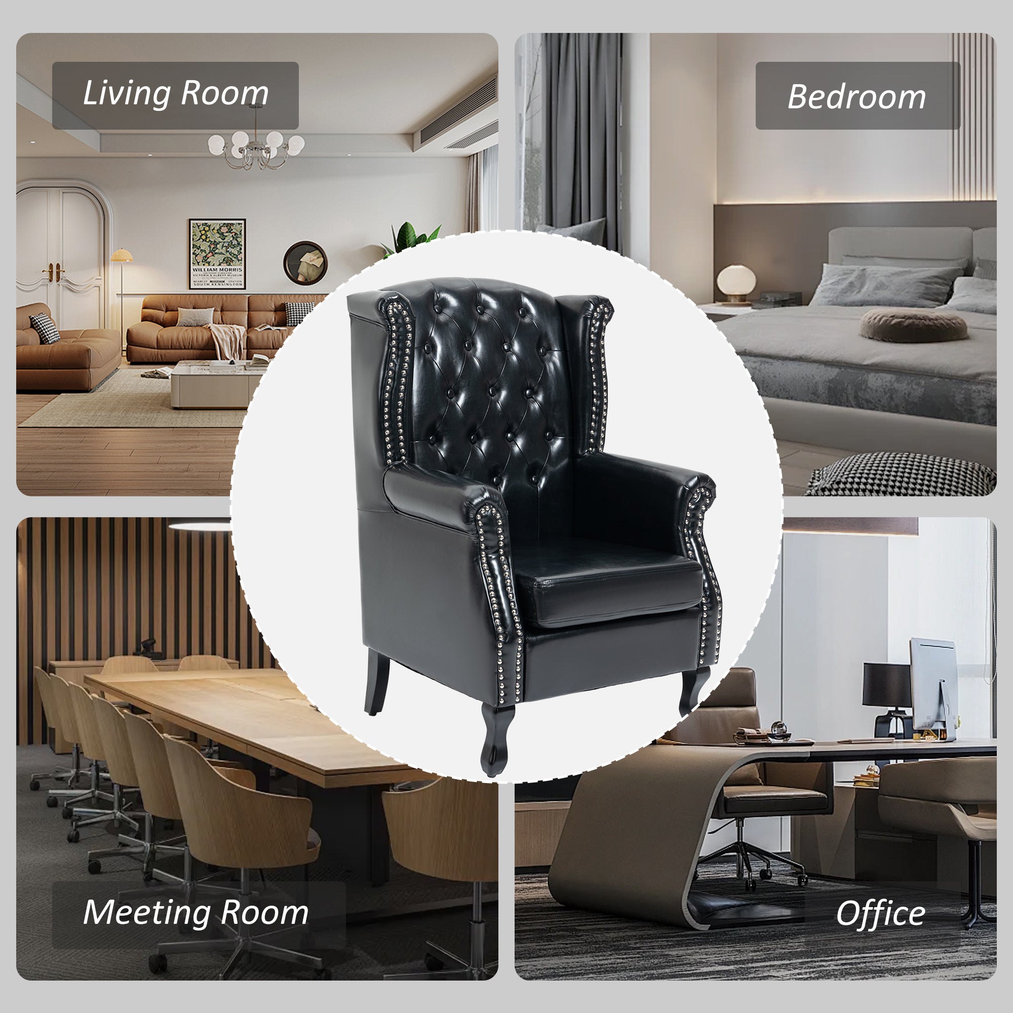 HOMCOM Wingback Accent Chair Tufted Chesterfield-style Armchair with Nail Head Trim for Living Room Bedroom Black - North Peak Garden Furniture
