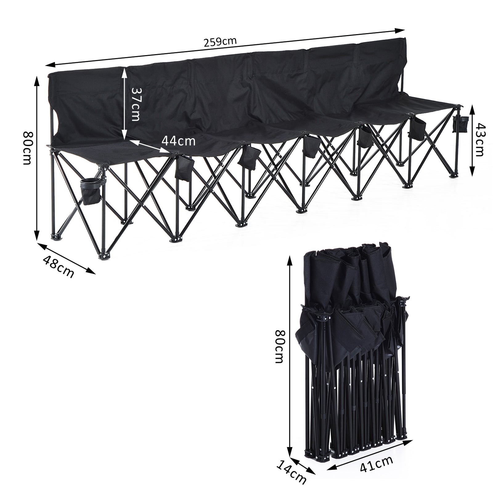 Outsunny 6 Seater Folding Bench, Outdoor Camping Chair Portable Sports Spectator Chair with Steel Frame, Cup Holder & Carry Bag, Black - North Peak Garden Furniture
