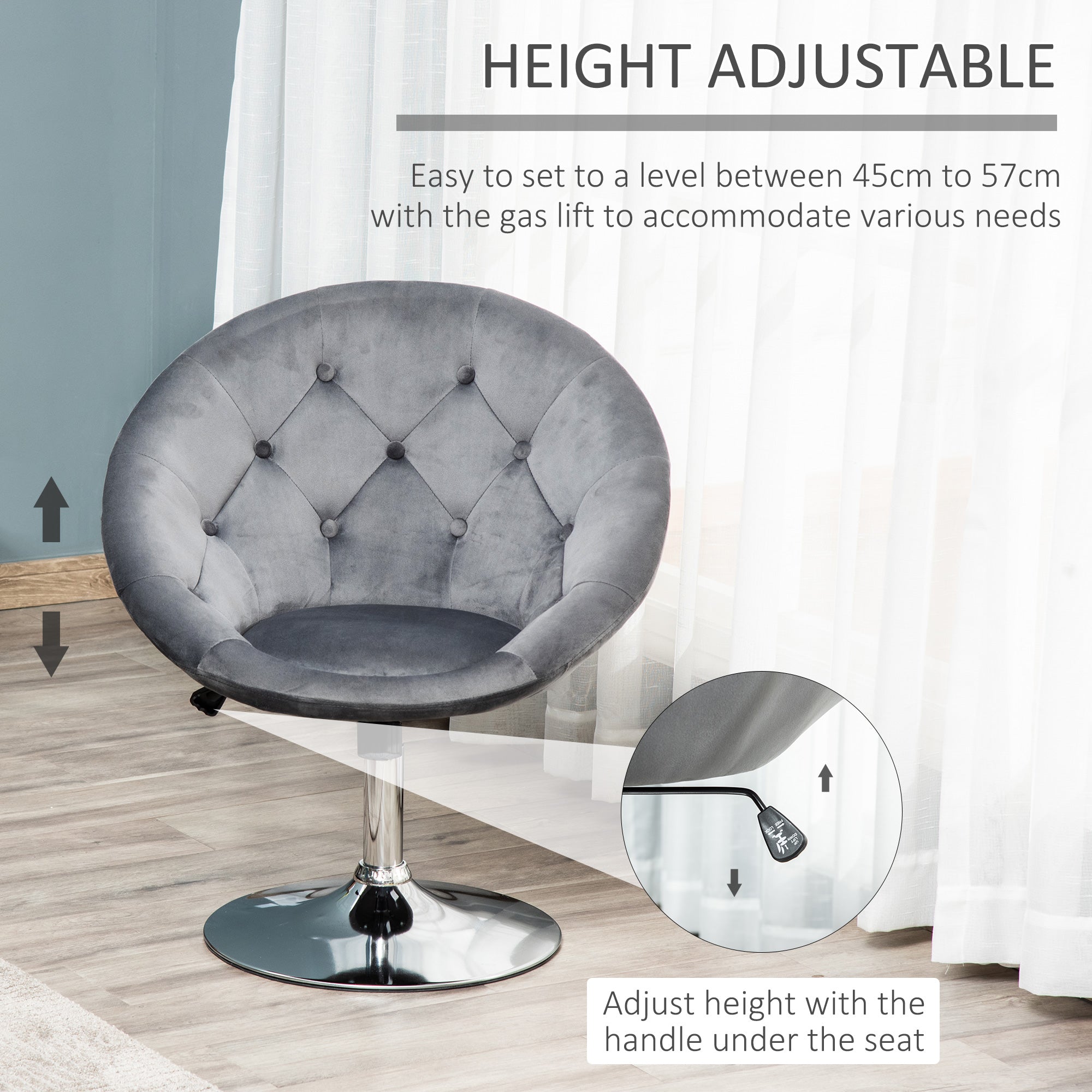 HOMCOM Swivel Dressing Stool, Velvet-feel Upholstered Vanity Chair, Adjustable Height Tub Makeup Chair with Button Tufting and Thick Padding, Breakfast Dining Chair, Grey - North Peak Garden Furniture