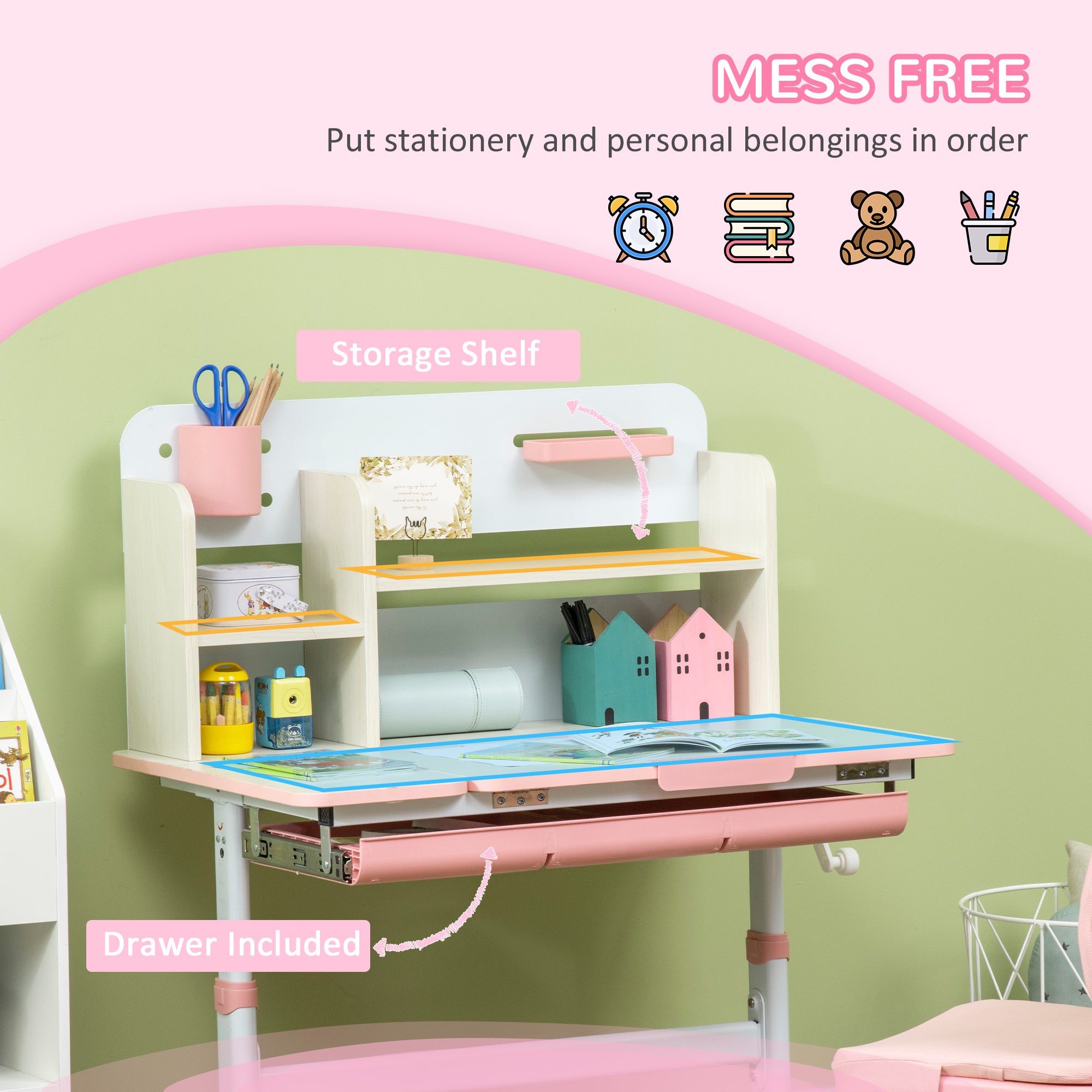 HOMCOM Kids Desk and Chair Set, with Storage Shelves, Washable Cover, for Ages 3-12 Years - Pink - North Peak Garden Furniture