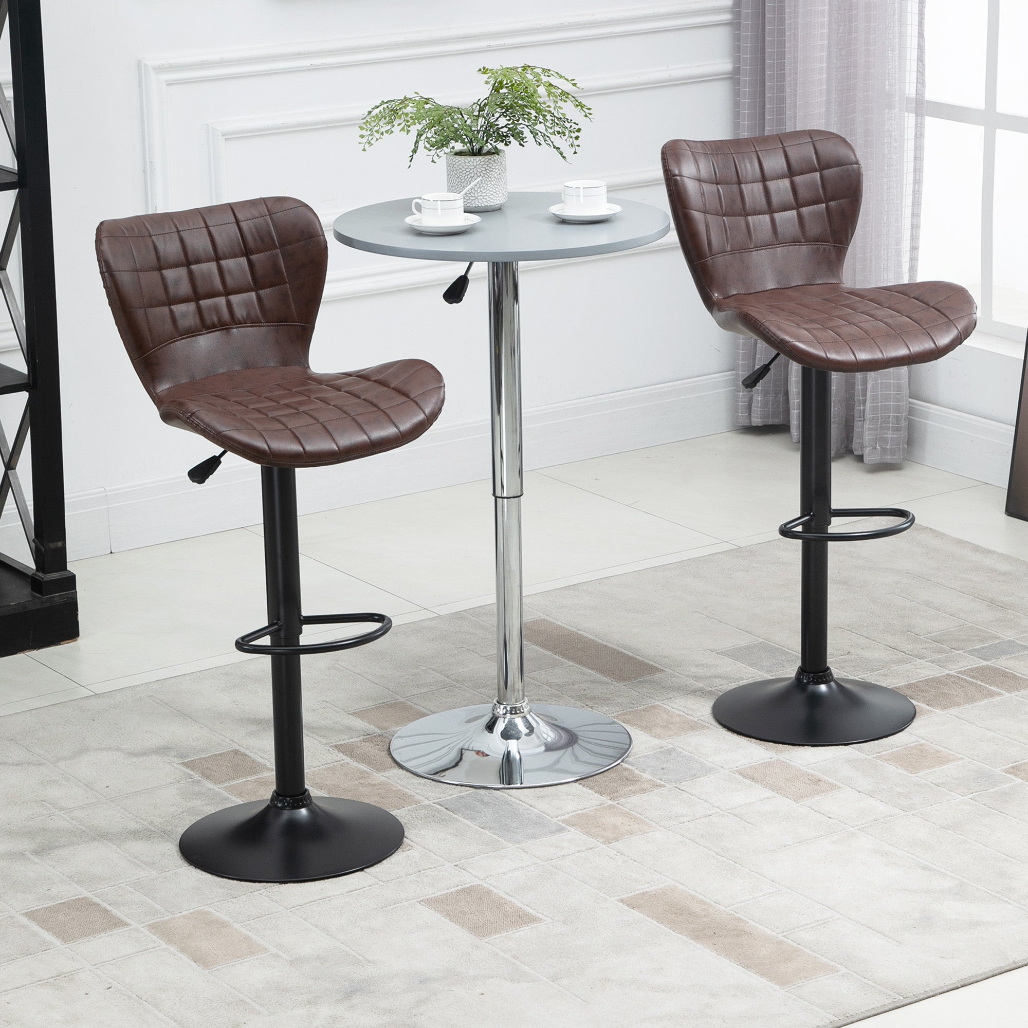 HOMCOM Bar Stools Set of 2 Adjustable Height Swivel Bar Chairs in PU Leather with Backrest & Footrest, Brown - North Peak Garden Furniture