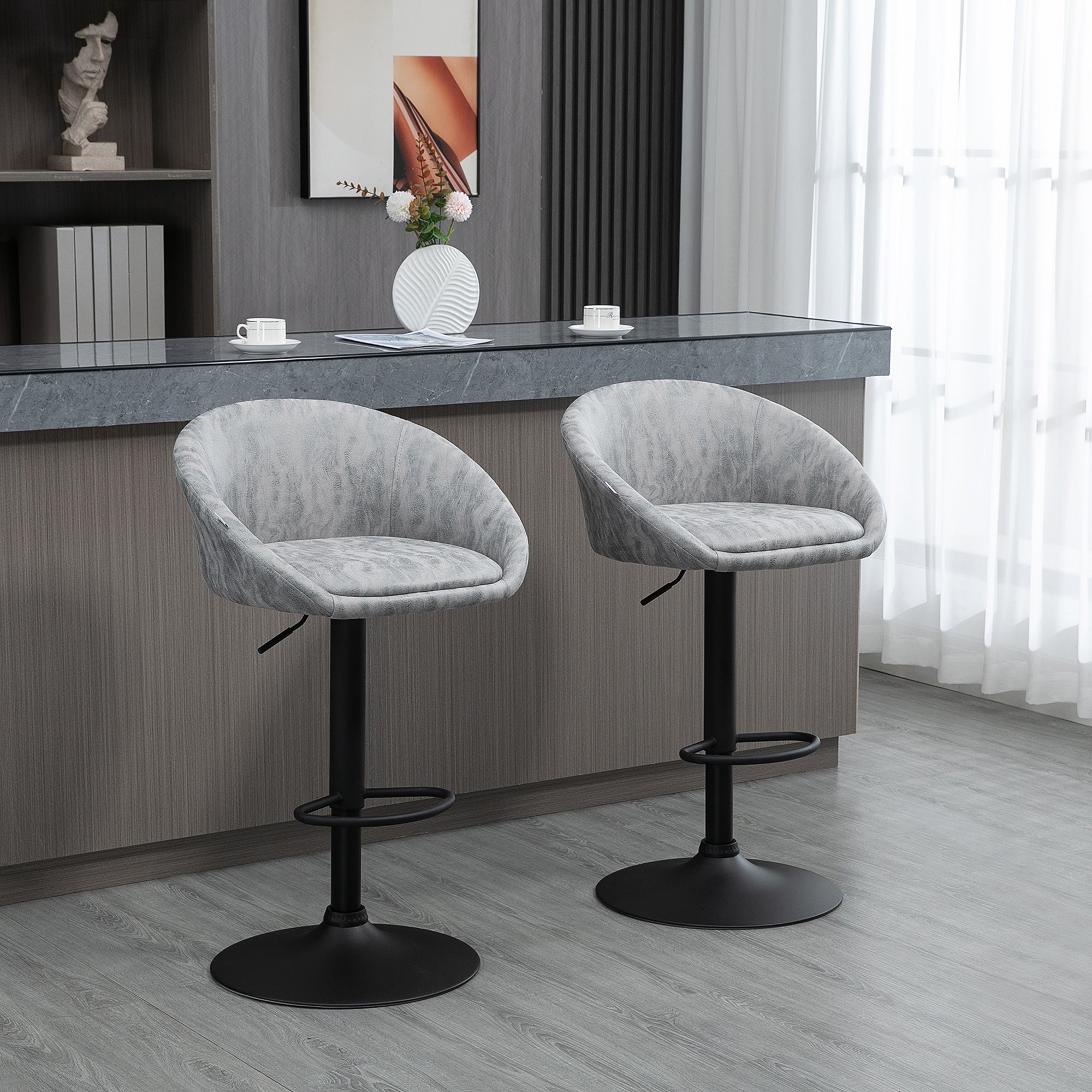 HOMCOM Modern Bar Stools Set of 2, Height Adjustable Swivel Barstools, PU Leather Upholstered Bar Chair with Backrest, Armrests and Footrest for Breakfast Bar, Counter, Kitchen, Light Grey - North Peak Garden Furniture