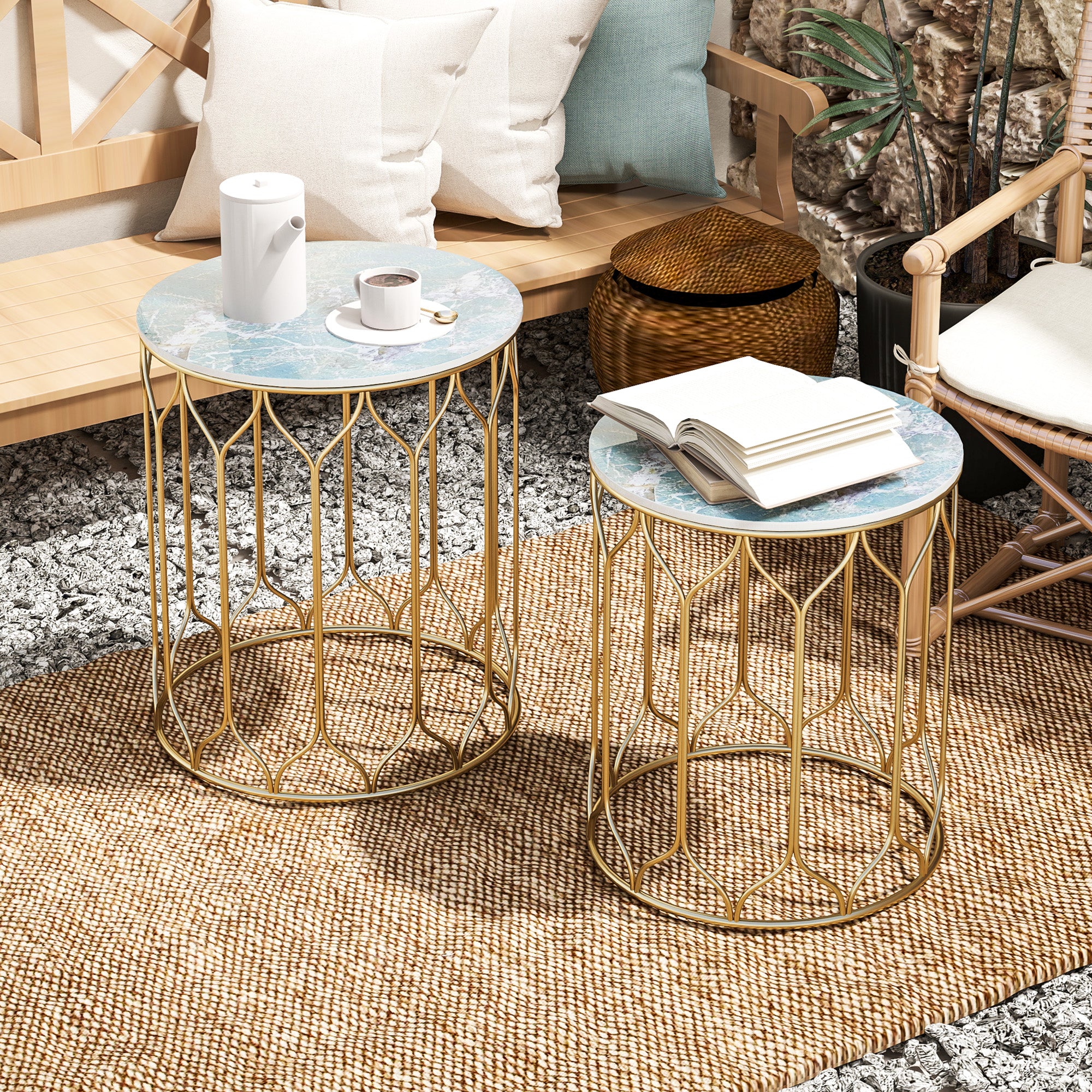 Outsunny Garden Side Table Set of 2, Nesting Tables with Ceramic Tile Top, Indoor Outdoor Small Garden Tables, Multifunctional End Tables with Metal Frame for Patio, Balcony, Porch, Multicoloured - North Peak Garden Furniture