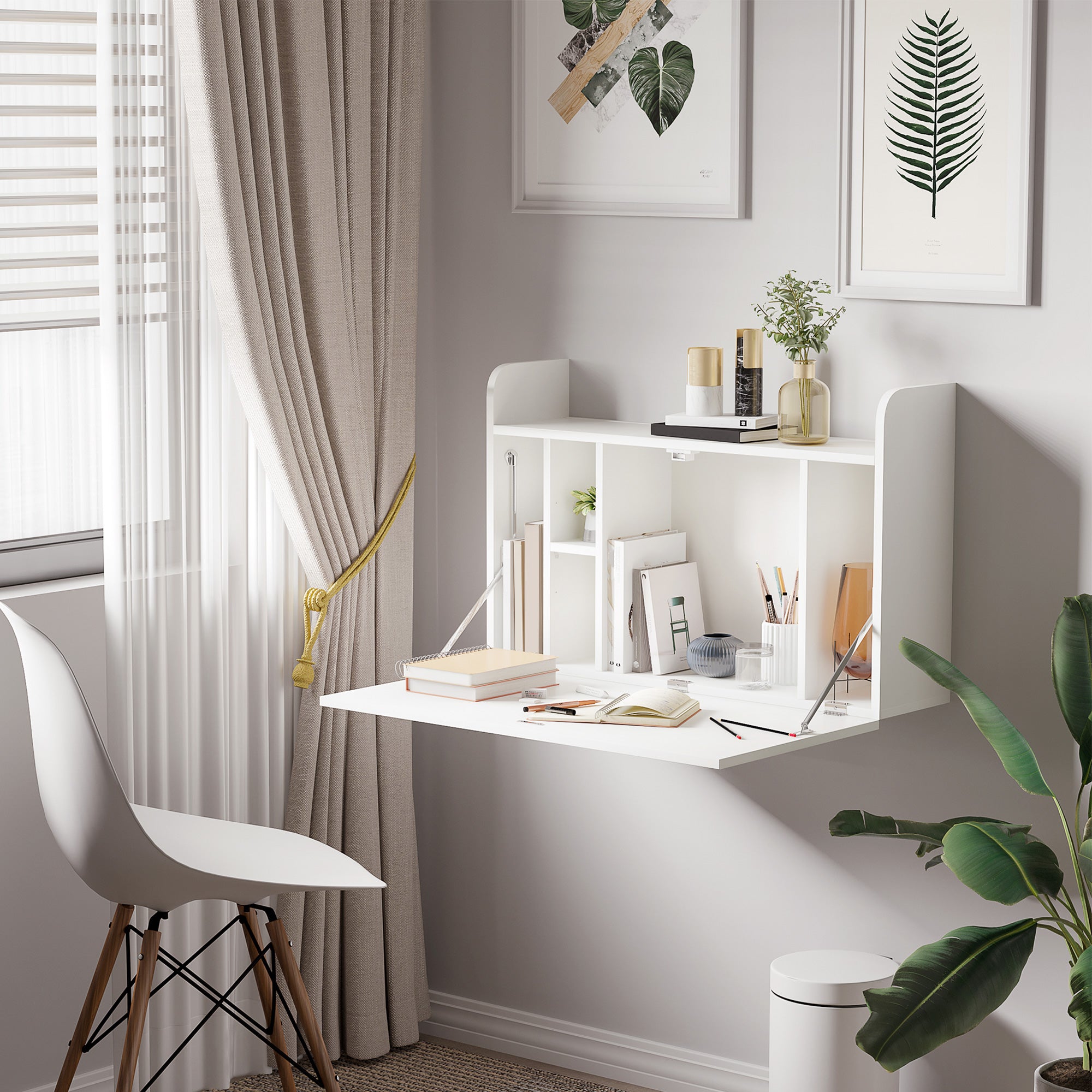 HOMCOM Wall Mounted Table, Drop Leaf Floating Laptop Desk with Space Saving Storage Compartments for Home Office and Study, 77cm x 20cm x 51cm, White - North Peak Garden Furniture