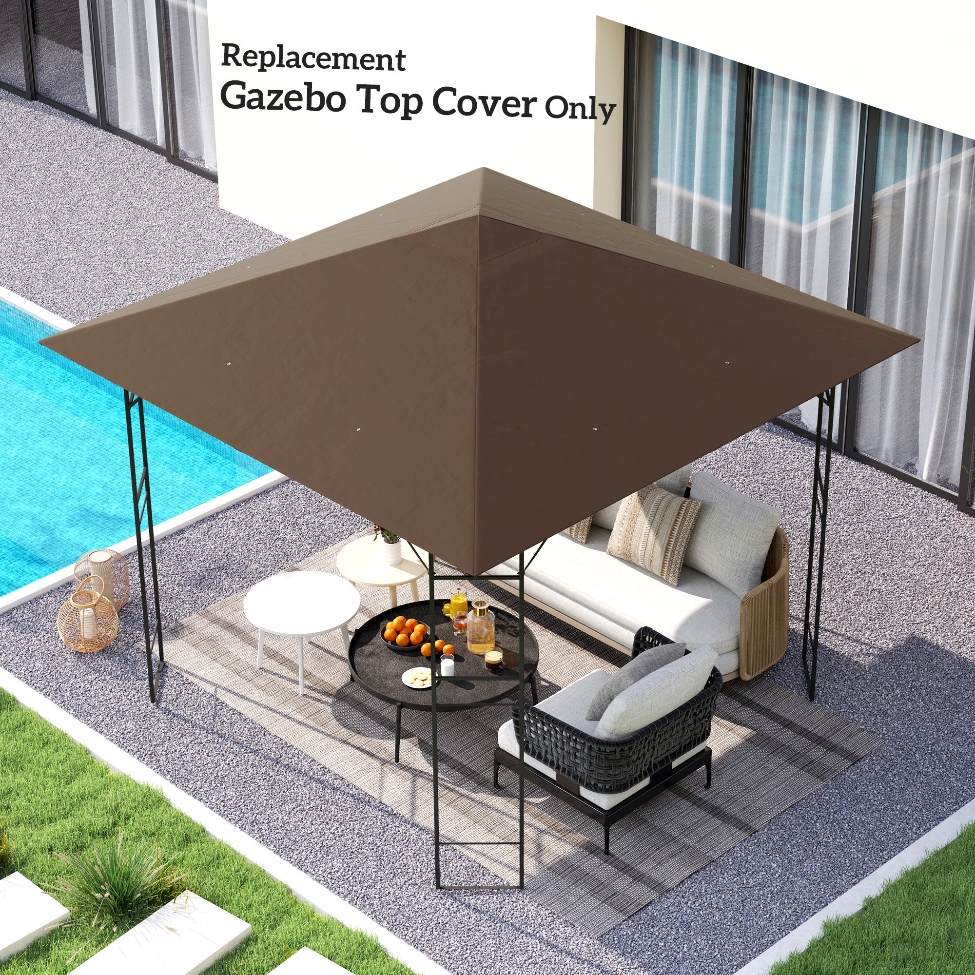 Outsunny 3 x 3(m) Gazebo Canopy Replacement Cover, Garden Gazebo Roof Replacement with Drain Holes, Water-resistant Plastic Coating, 370g/㎡, UPF30+, TOP COVER ONLY, Brown - North Peak Garden Furniture