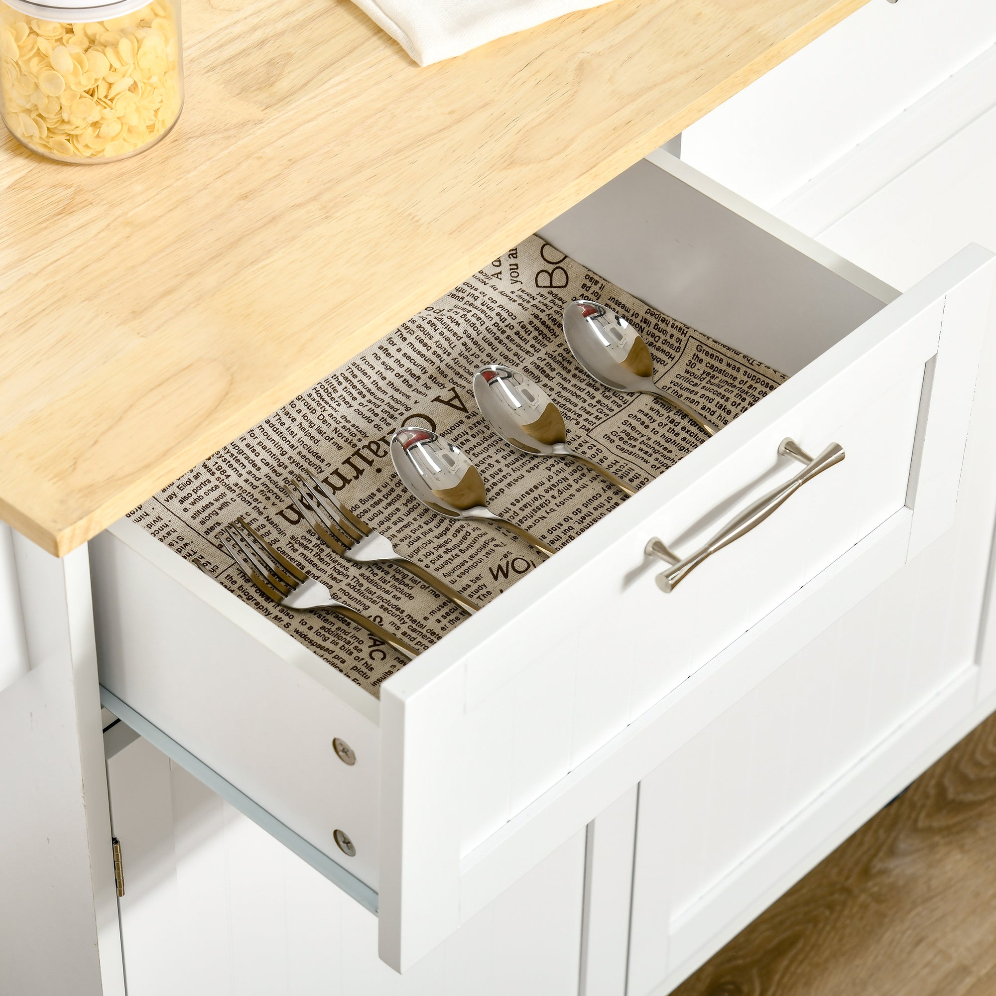 HOMCOM Modern Rolling Kitchen Island Storage Cart Utility Trolley with Rubberwood Top Two Drawers-White - North Peak Garden Furniture
