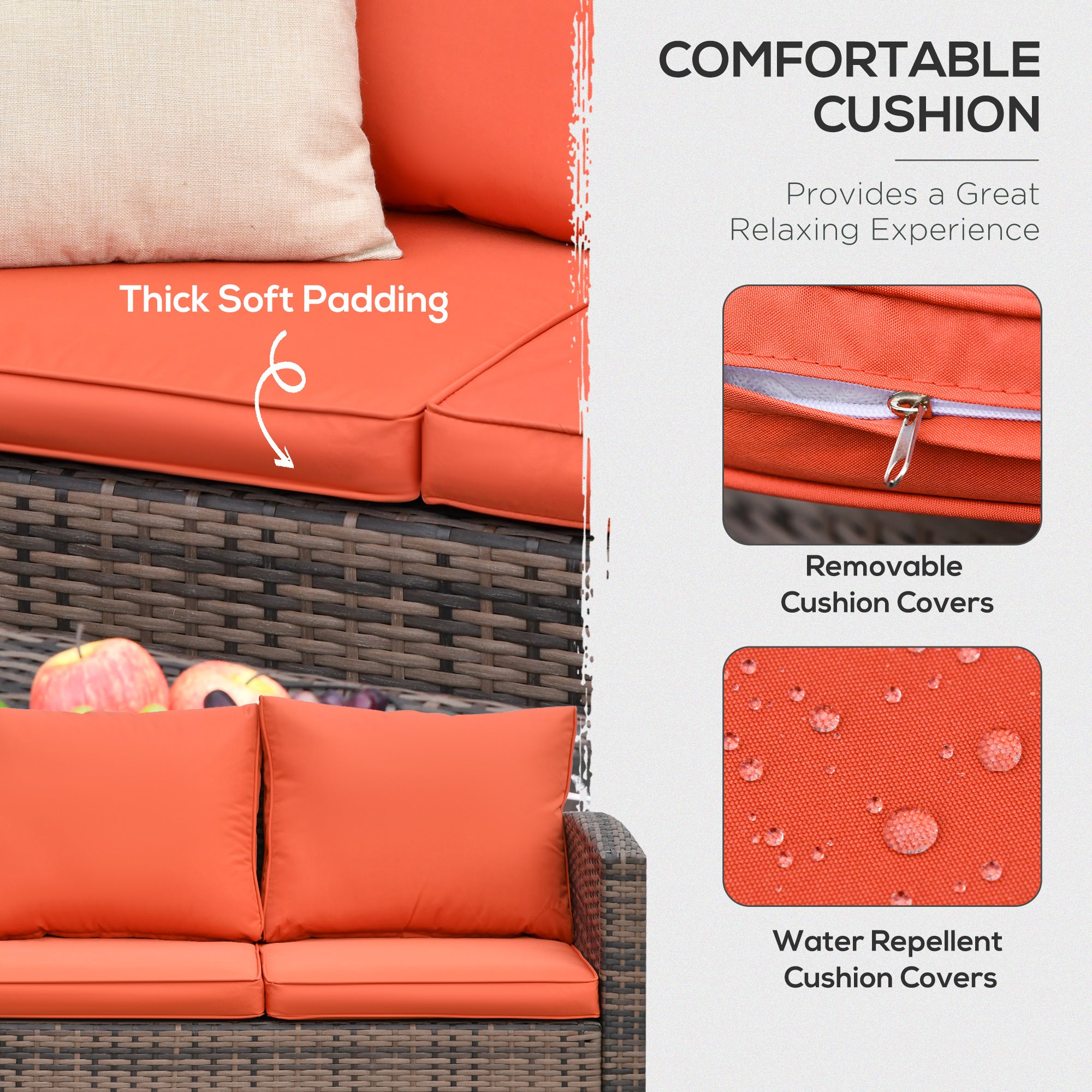 Outsunny 6 Pieces Rattan Garden Furniture Set, 7 Seater Wicker Outdoor Furniture Set with Storage Tea Table & Side Table, Sectional Garden Sofa Set with Cushions, Orange - North Peak Garden Furniture