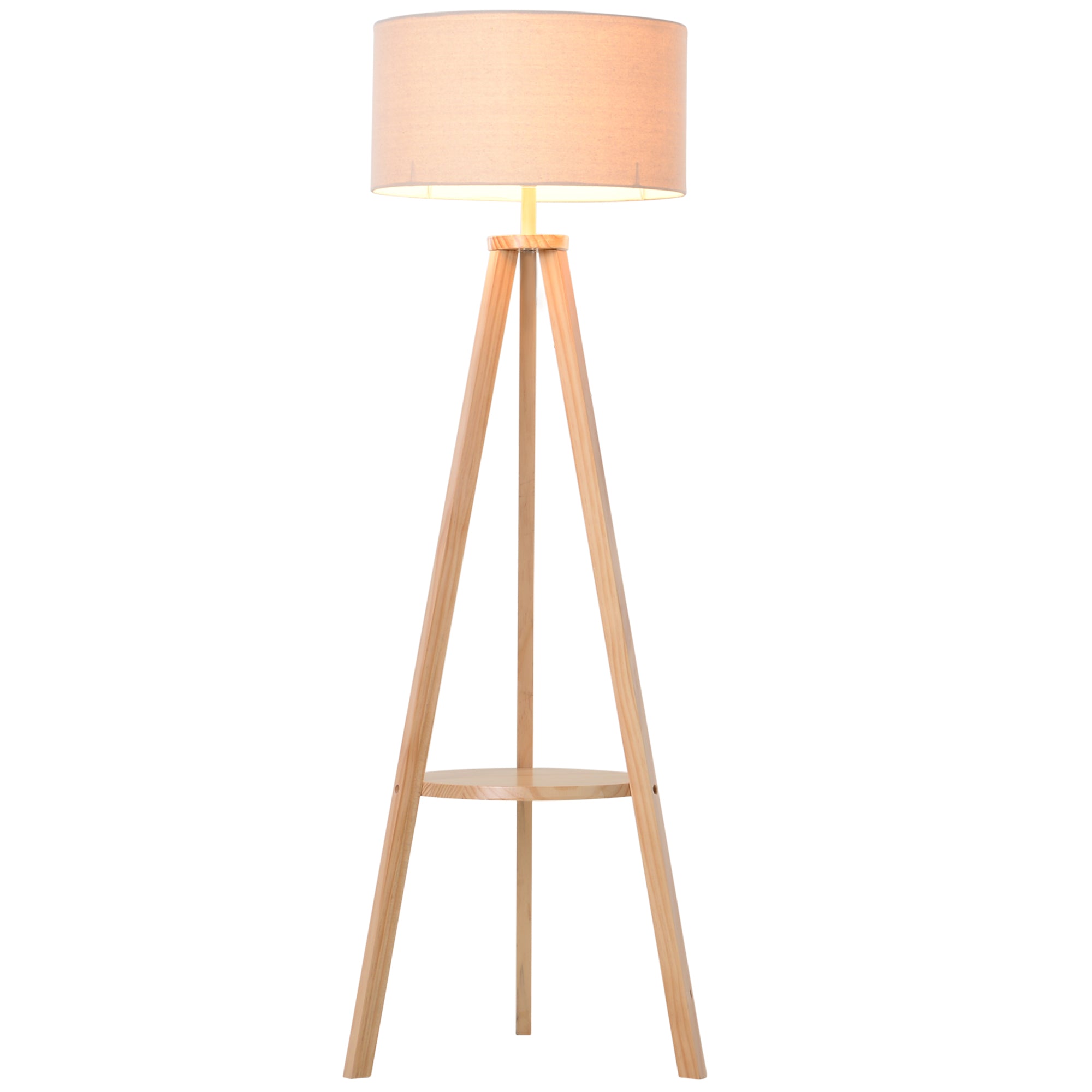 HOMCOM Free Standing Tripod Floor Lamp Bedside Light Reading Light with Storage Shelf Linen Shade for Living Room Bedroom, 154cm, Cream - North Peak Garden Furniture