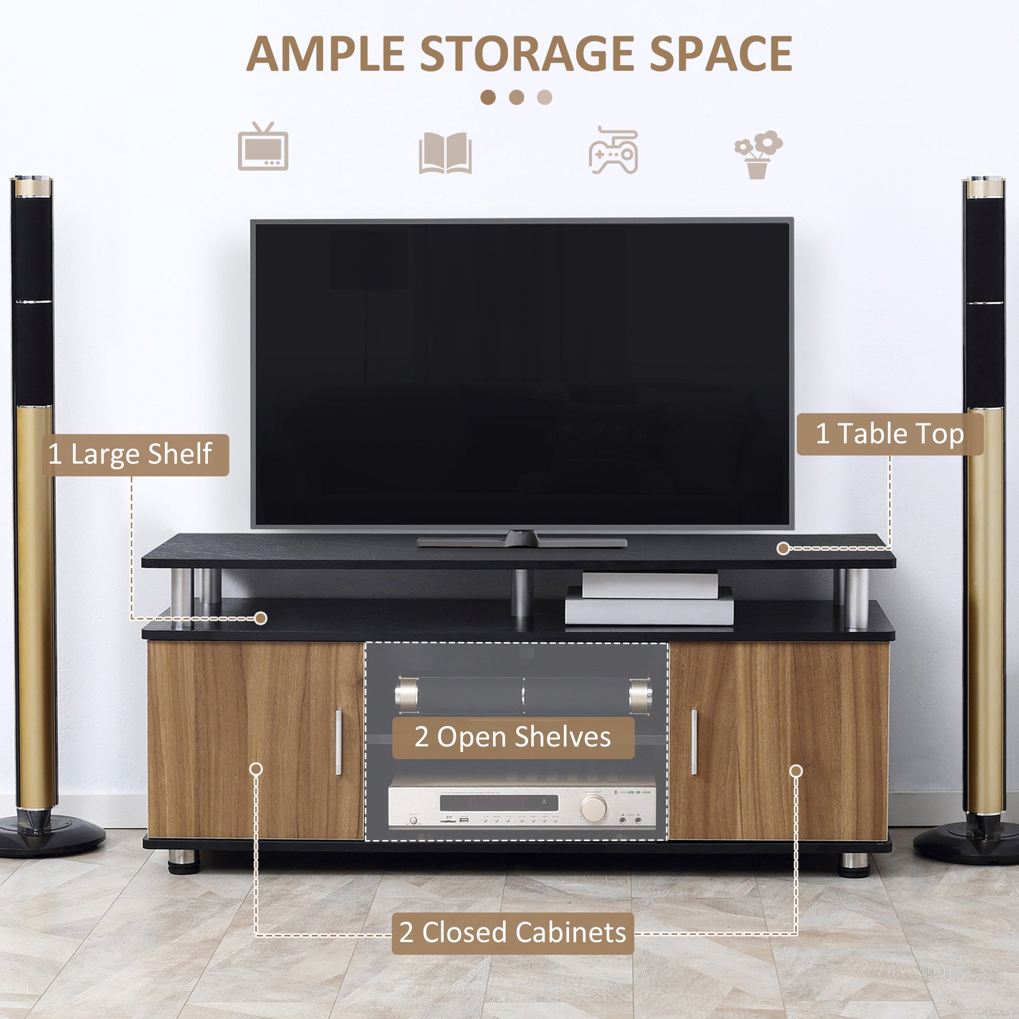 HOMCOM TV Cabinet Unit for TVs up to 50'' with Storage Shelf and Cupboards, Living Room Entertainment Center Media Console, Black and Walnut - North Peak Garden Furniture
