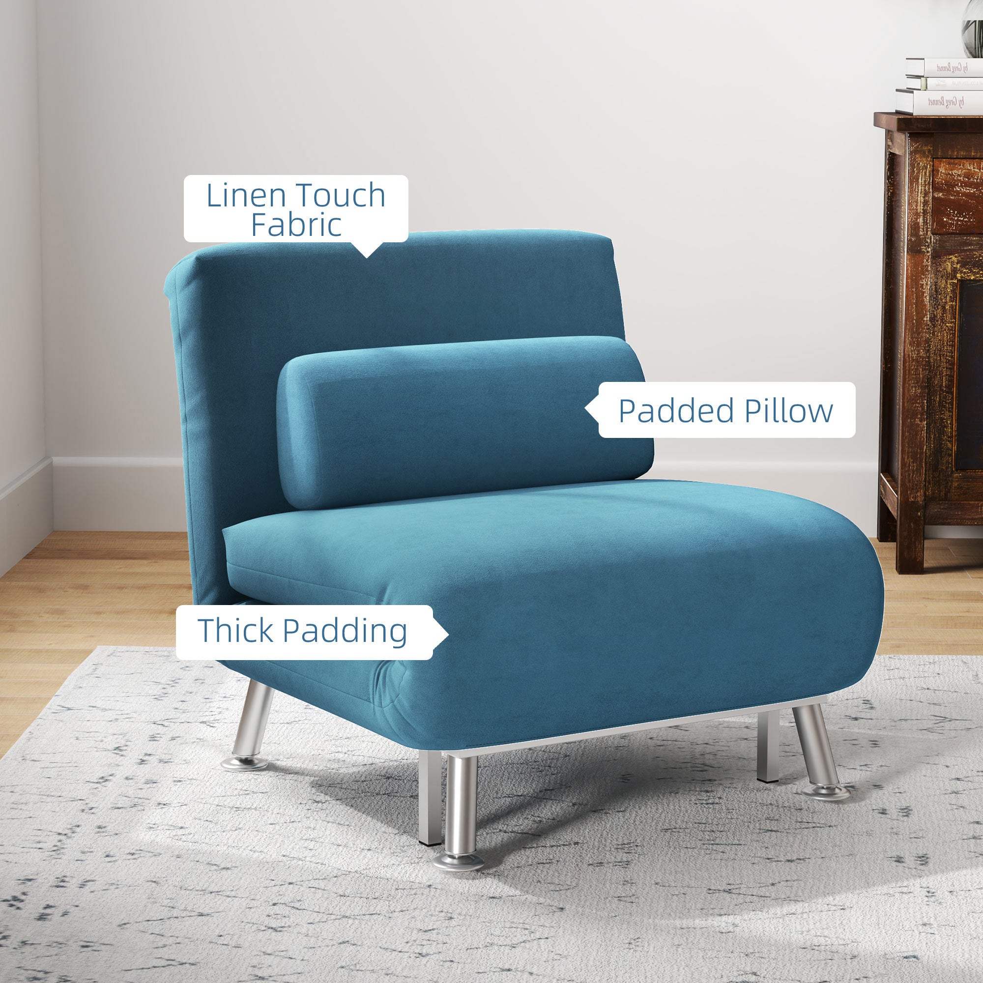 HOMCOM Single Velvet-Feel Sleeper Chair - Blue - North Peak Garden Furniture