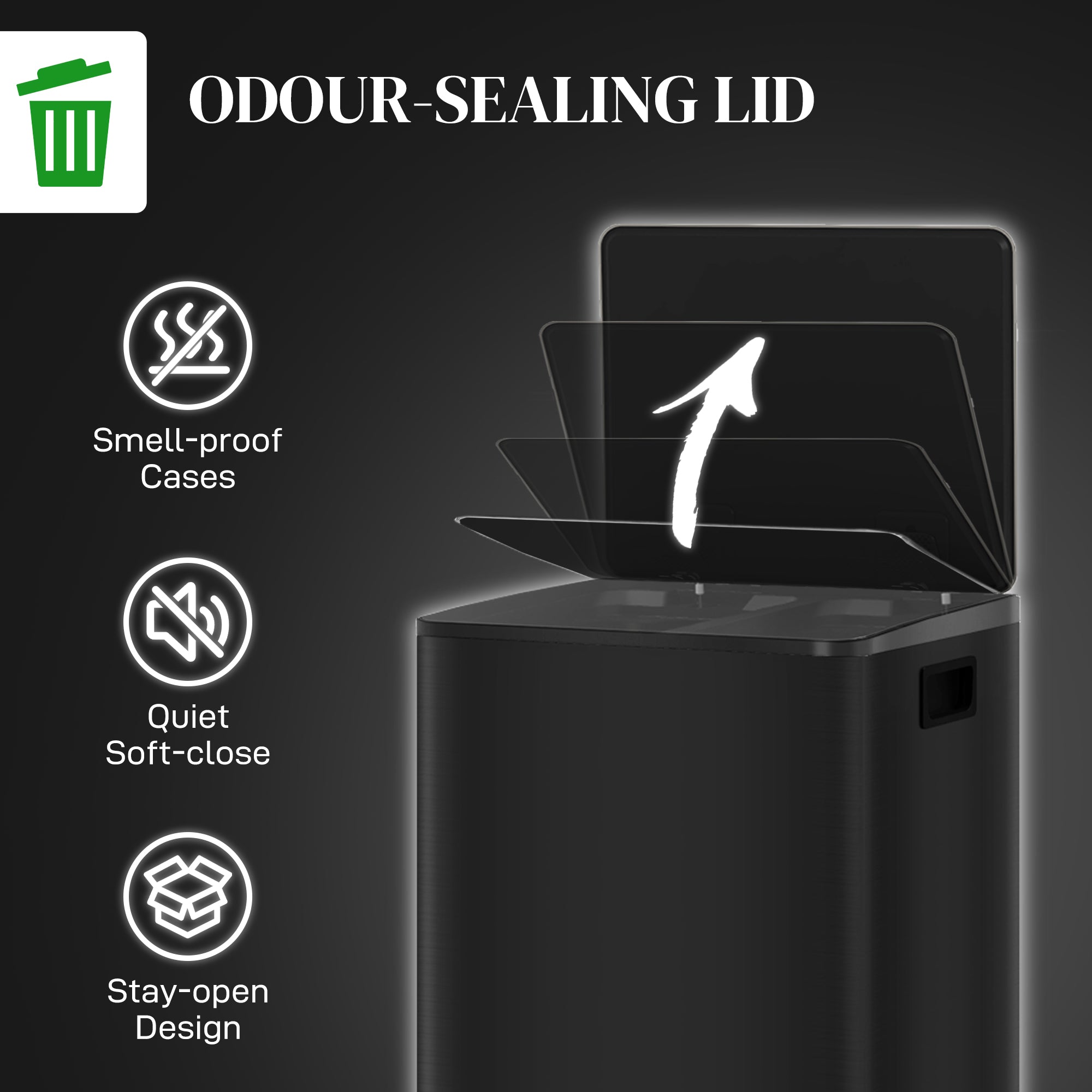 HOMCOM 50L Dual Compartment Stainless Steel Bin, with Deodoriser Holders - Black - North Peak Garden Furniture