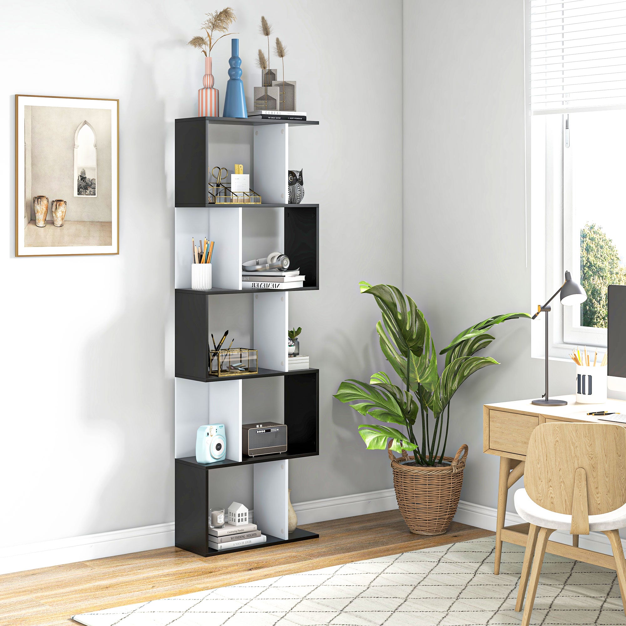 HOMCOM 5-tier Bookcase Storage Display Shelving S Shape design Unit Divider Black - North Peak Garden Furniture
