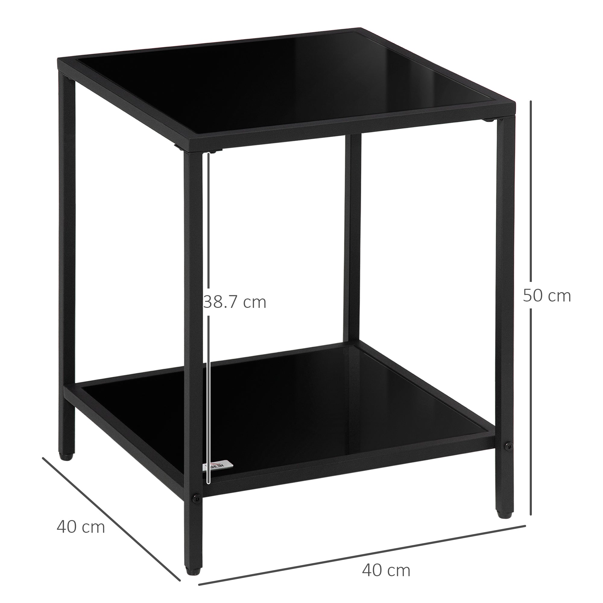 HOMCOM Side Table with Tempered Glass Top, End Table with 2-Tier Storage, Classic Accent Table with Steel Frame, Black