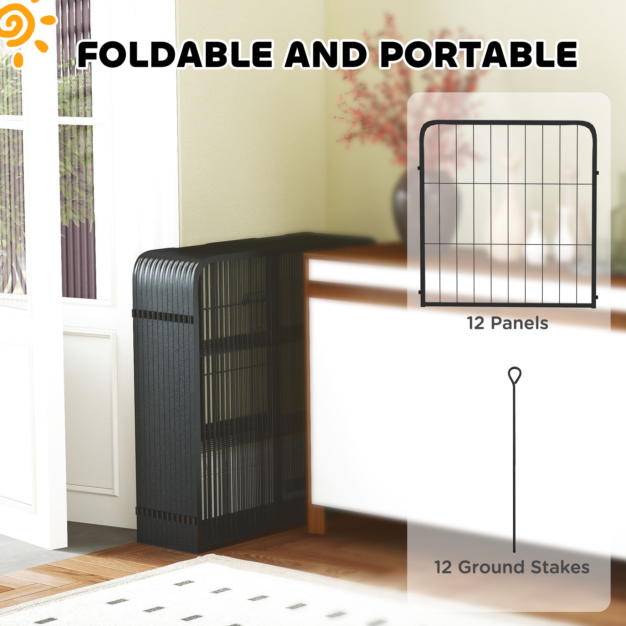PawHut 12-Panel Solid Dog Playpen with Doors, for Small Dogs, 60cm High, Black