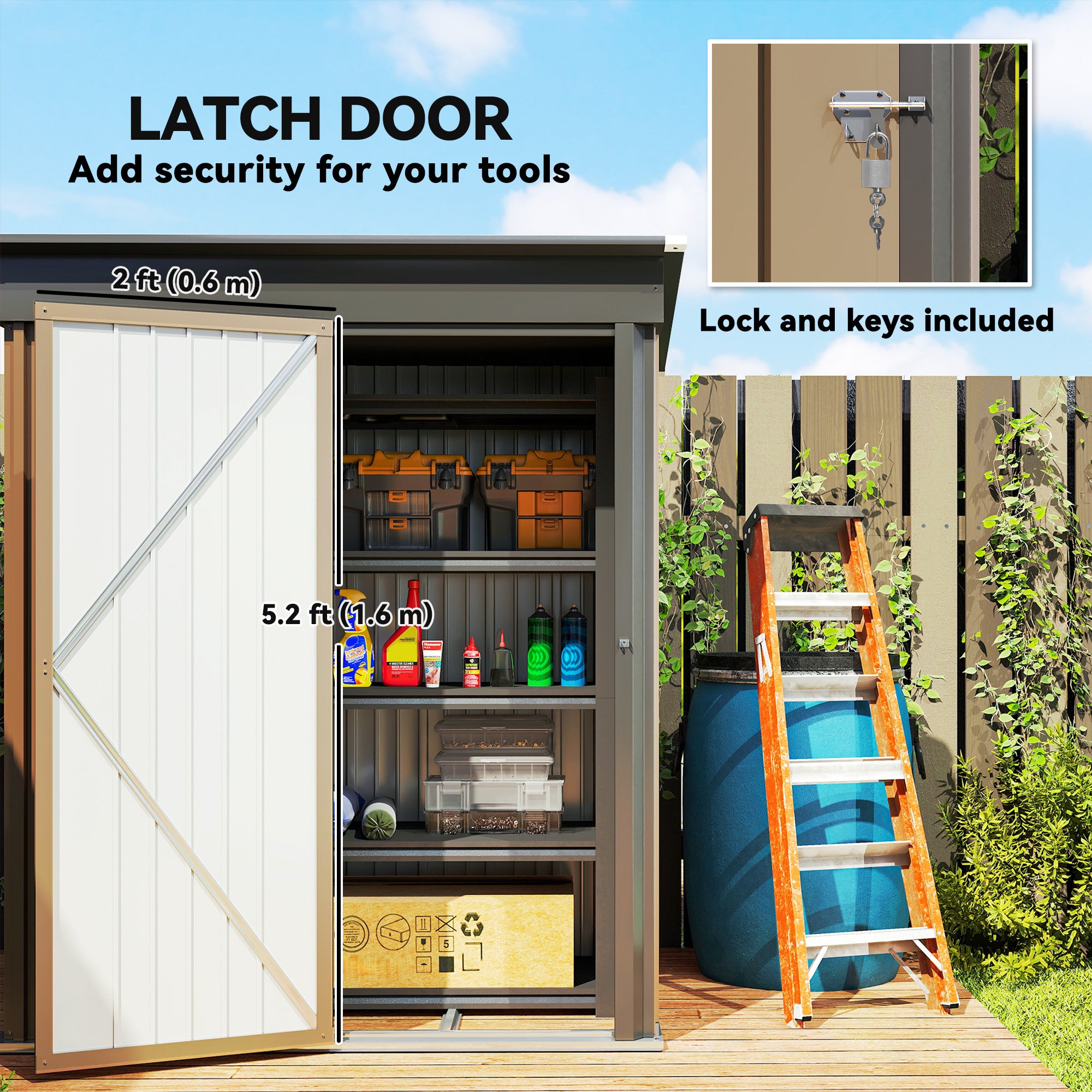 Outsunny Metal Garden Shed, Outdoor Lean-to Shed for Tool Motor Bike, with Adjustable Shelf, Lock, Gloves, 5'x3'x6', Brown
