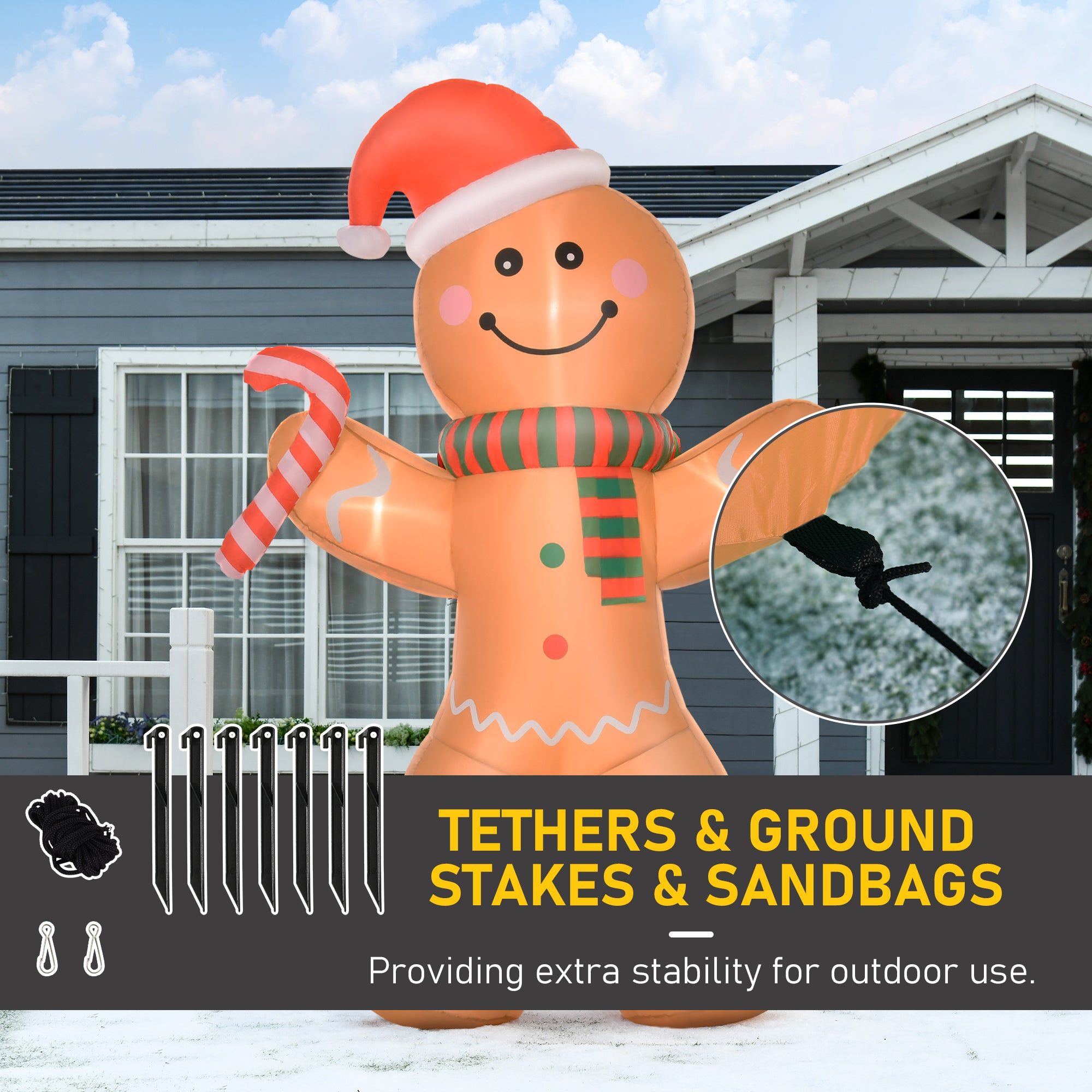 HOMCOM 8ft Christmas Inflatable Gingerbread Man, Lighted Blow Up Yard Decor Indoor Outdoor Garden Lawn Party Prop - North Peak Garden Furniture