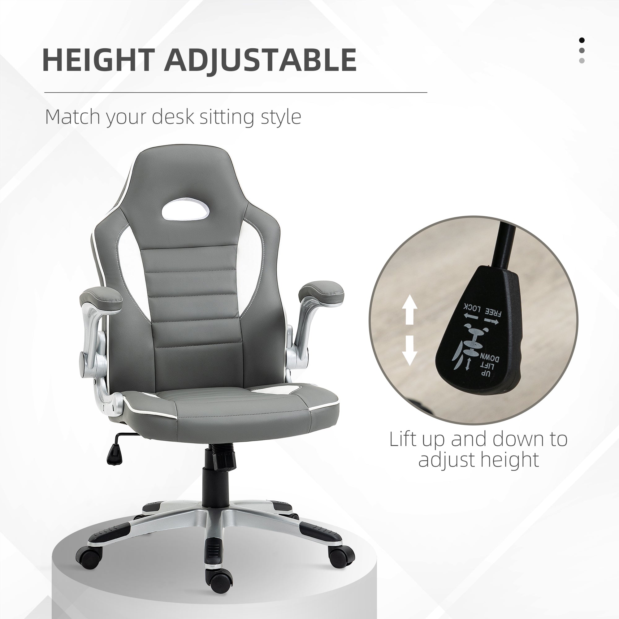 Vinsetto Computer Gaming Chair, Office Desk Swivel Chair, PU Leather Racing Chair with 90° Flip-up Armrest, Adjustable Height and Rolling Wheels, Grey - North Peak Garden Furniture