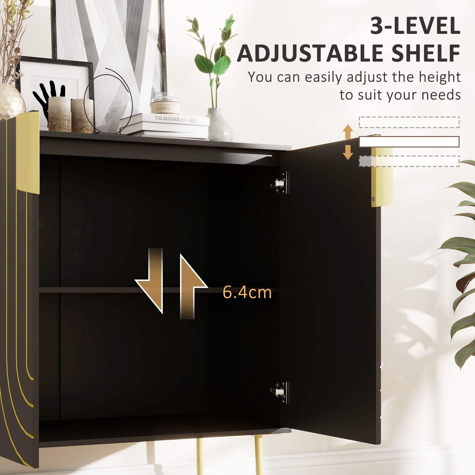 HOMCOM Art Deco Inspired Sideboard, with Adjustable Shelf - Black/Gold Tone - North Peak Garden Furniture