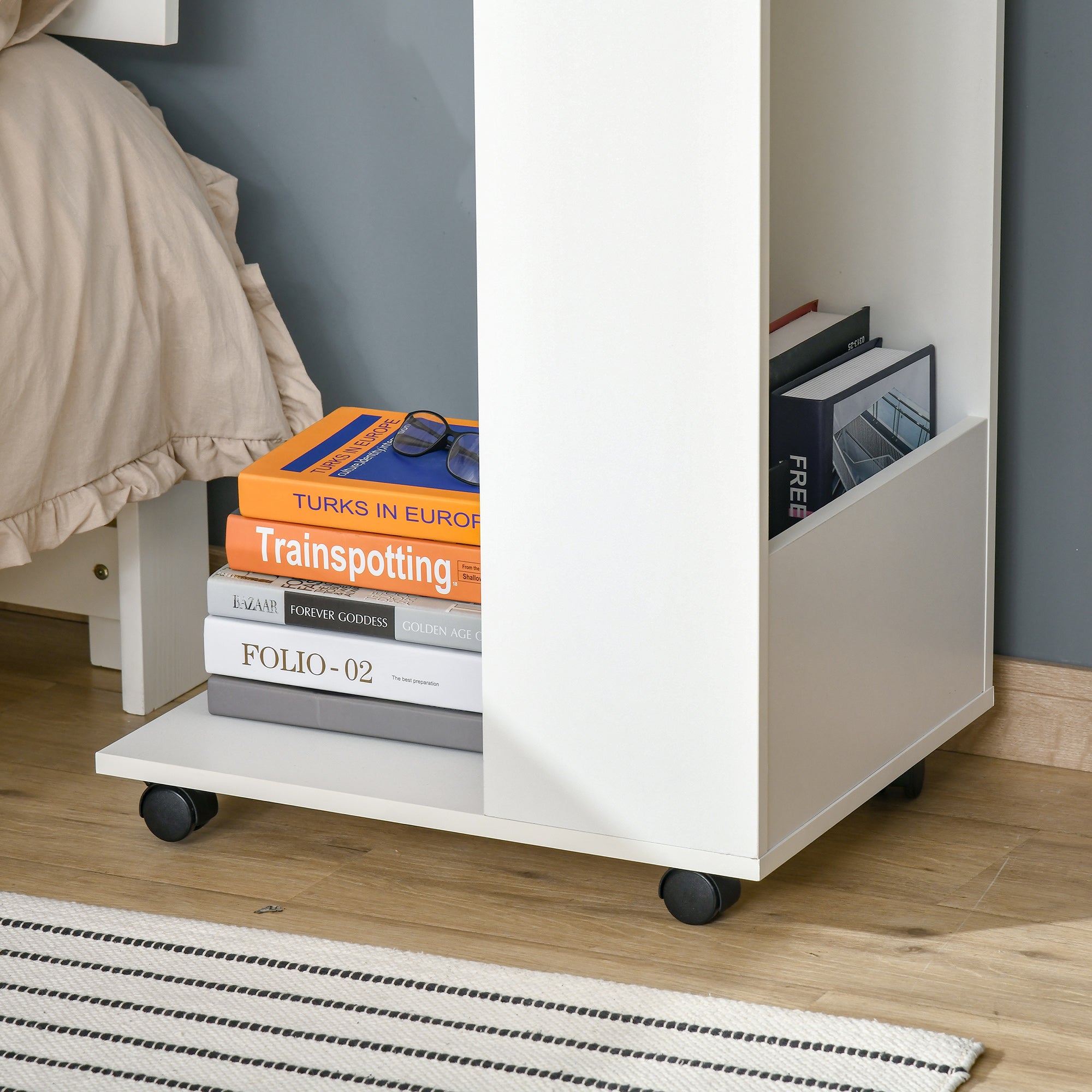 HOMCOM Mobile Sofa Side Table C-Shape End Table with Storage and Casters for Laptop Coffee Snack, White - North Peak Garden Furniture