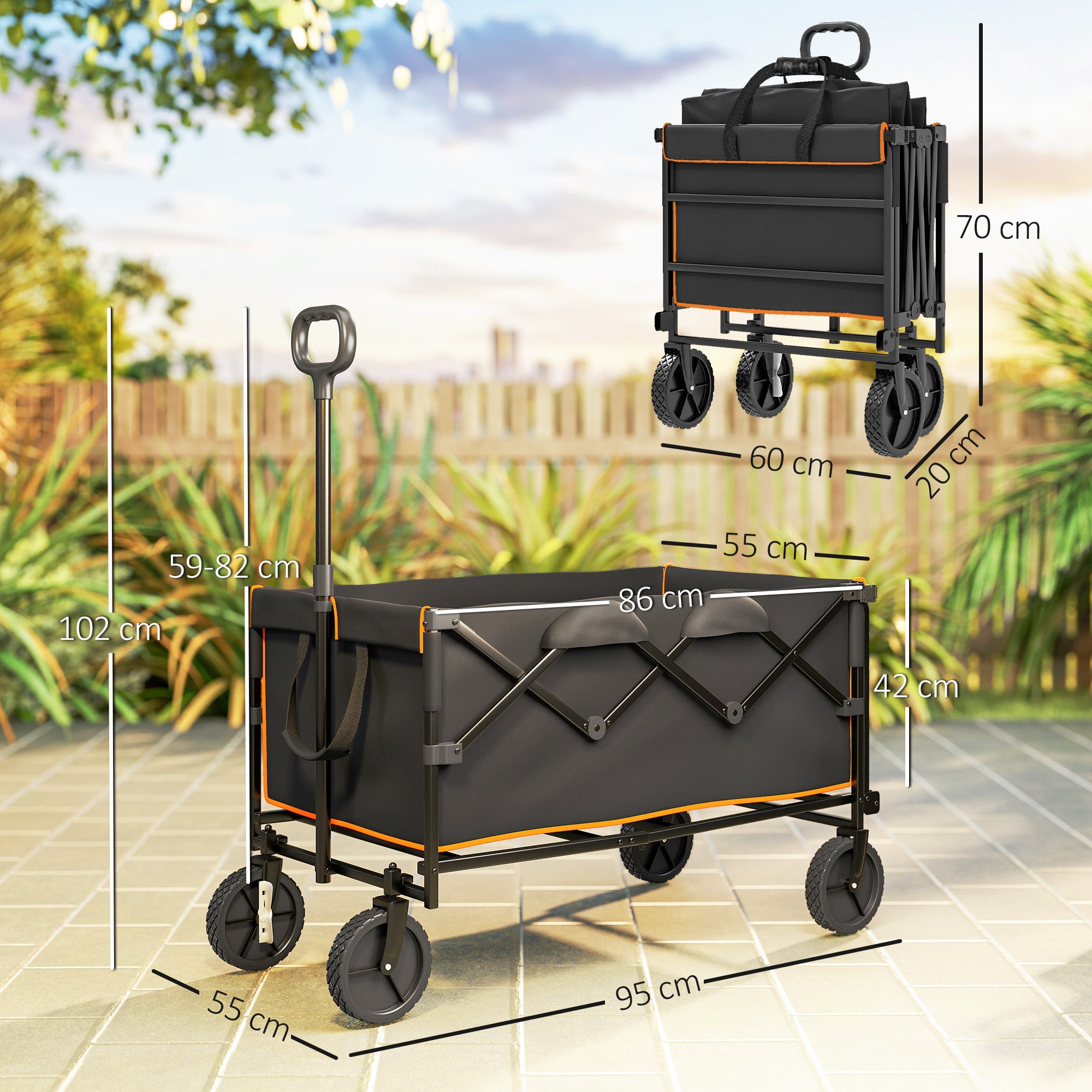 Outsunny 160L Festival Trolley on Wheels, Folding Camping Trolley Cart w/ Tailgate, 100kg Heavy Duty Garden Collapsible Folding Wagon w/Adjustable Handle, Carry Bag for Beach Picnic, Black and Orange - North Peak Garden Furniture