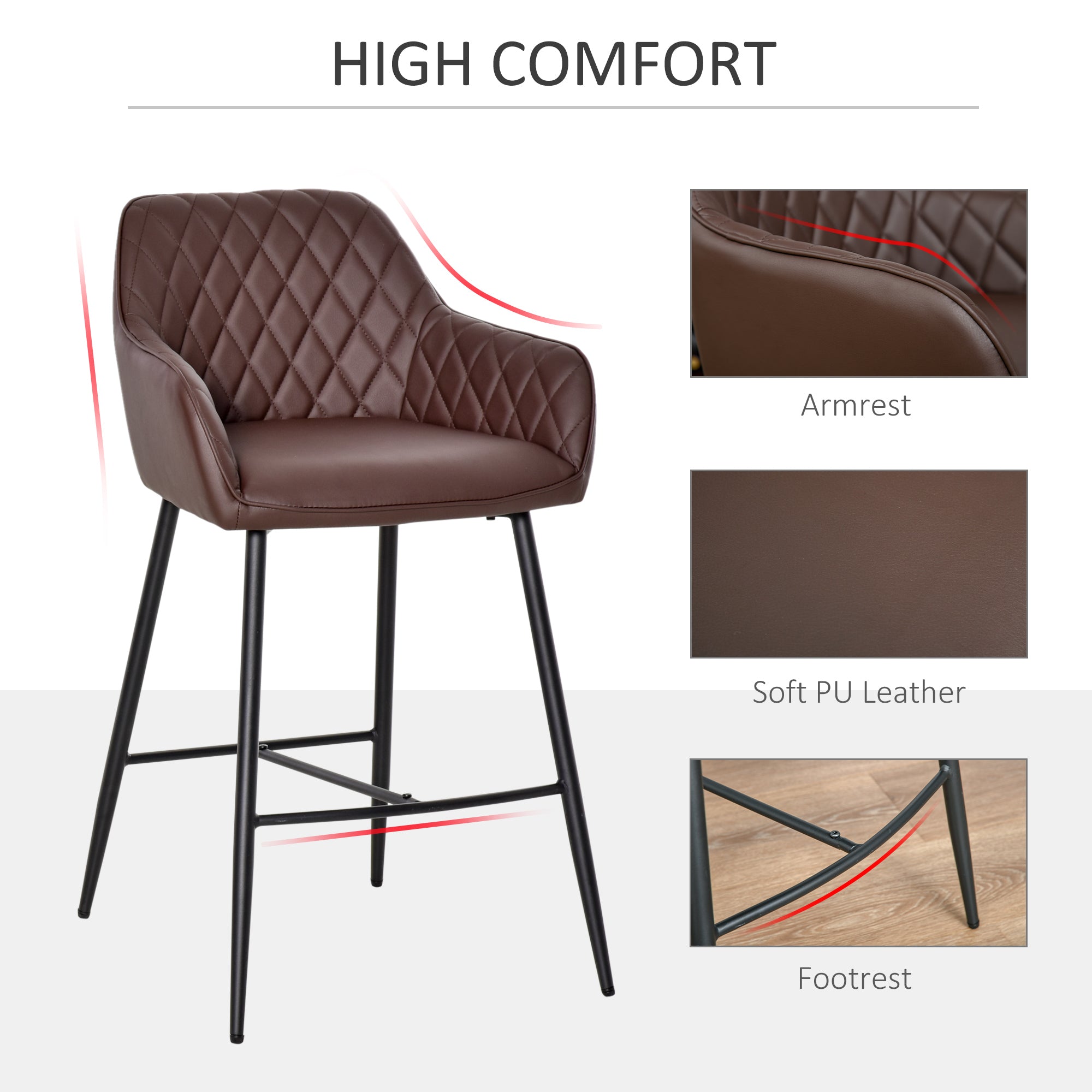 HOMCOM Set of 2 Bar stools Retro PU Leather Bar Chairs w/ Footrest Metal Frame Comfort Support Stylish Dining Seating Home Brown - North Peak Garden Furniture