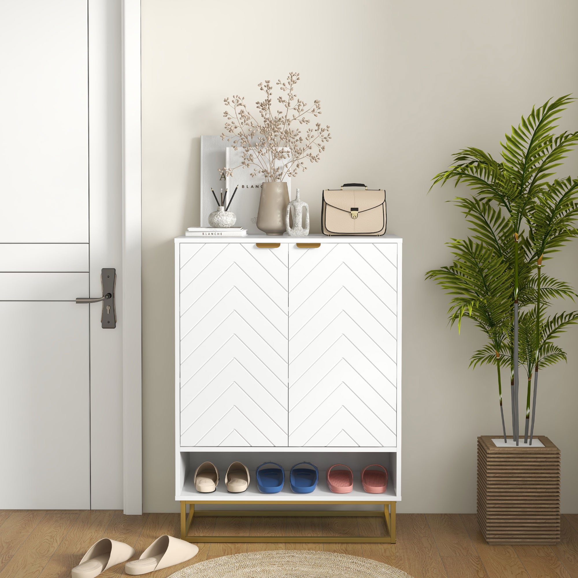 HOMCOM Shoe Storage Cabinet, Modern Shoe Cupboard with Open Shelf, Adjustable Shelf, 6 Vents, Shoe Rack for 12 Pairs of Shoes - North Peak Garden Furniture