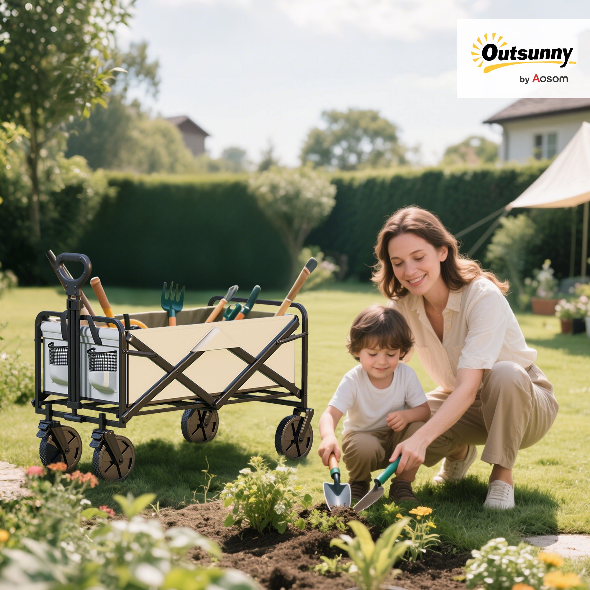 Outsunny Folding Pull Along Cart Cargo Wagon Trolley with Telescopic Handle - Dark Grey - North Peak Garden Furniture