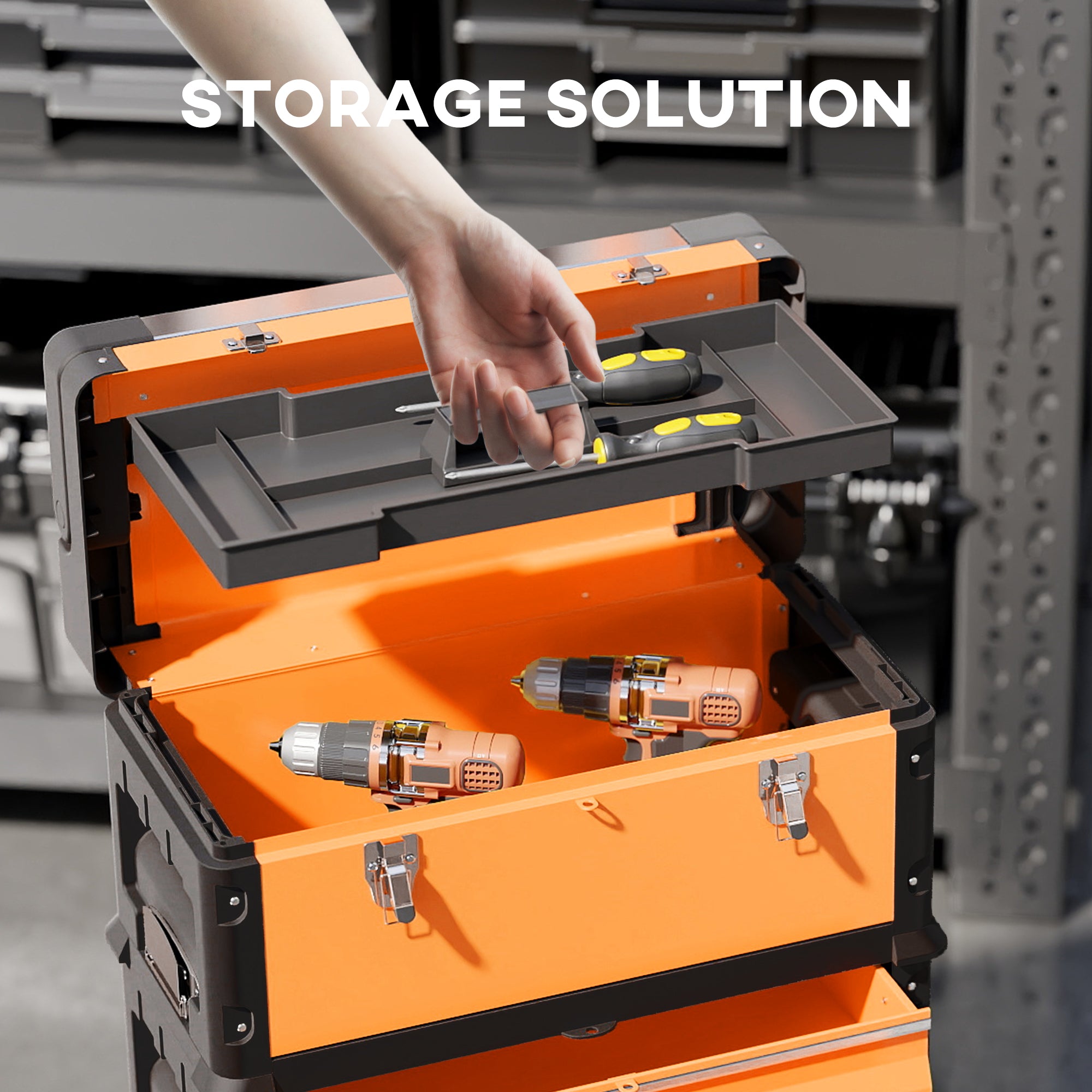 HOMCOM 3-in-1 Stackable Rolling Tool Box - Orange - North Peak Garden Furniture