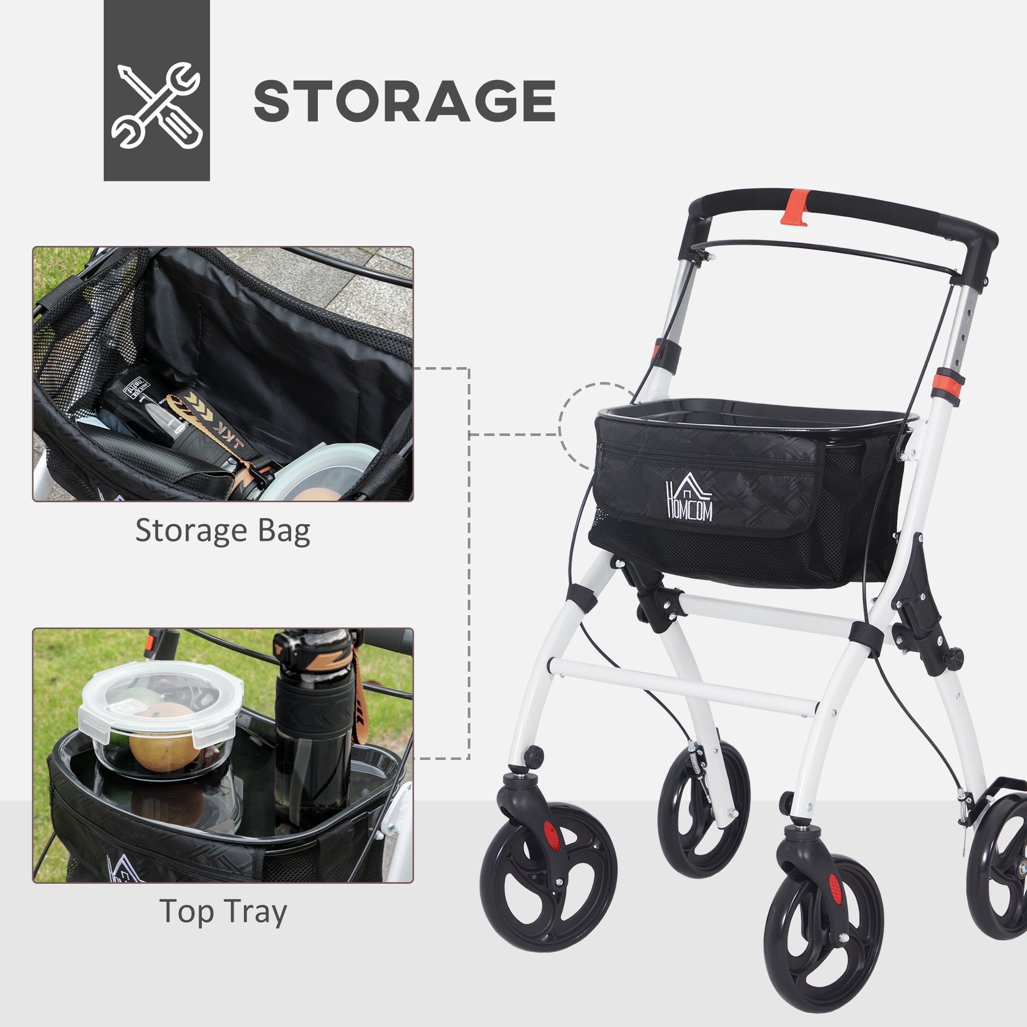 HOMCOM Folding Upright Rollator Walker with Lightweight Walking Frame, Storage Bag, Tray, Dual Brakes, Adjustable Handle Height, Mobility Aid Rolling 4 Wheeled Walker for Seniors, White - North Peak Garden Furniture