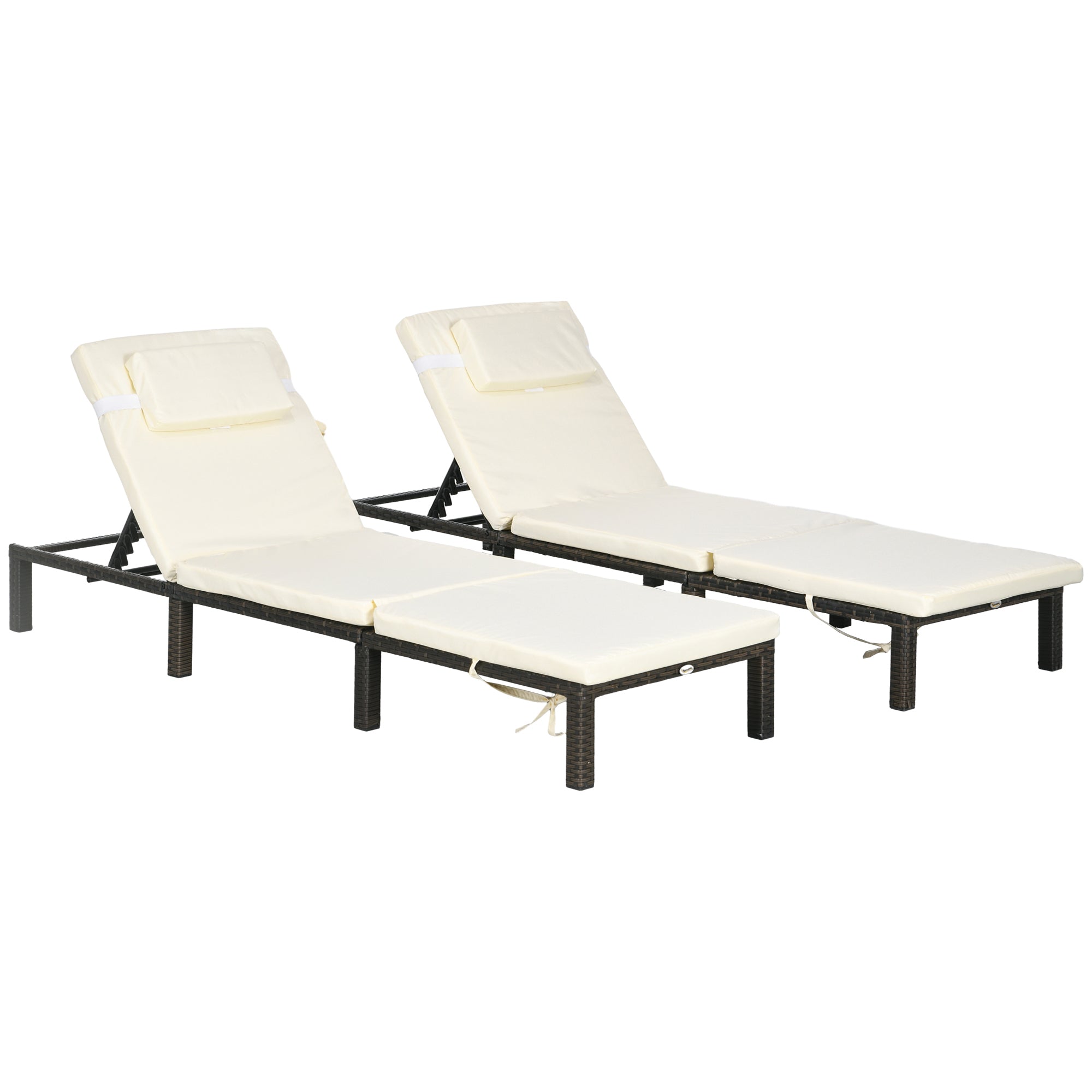 Outsunny Set of Two Reclining Rattan Sun Loungers, with Cushions - Brown/Cream - North Peak Garden Furniture