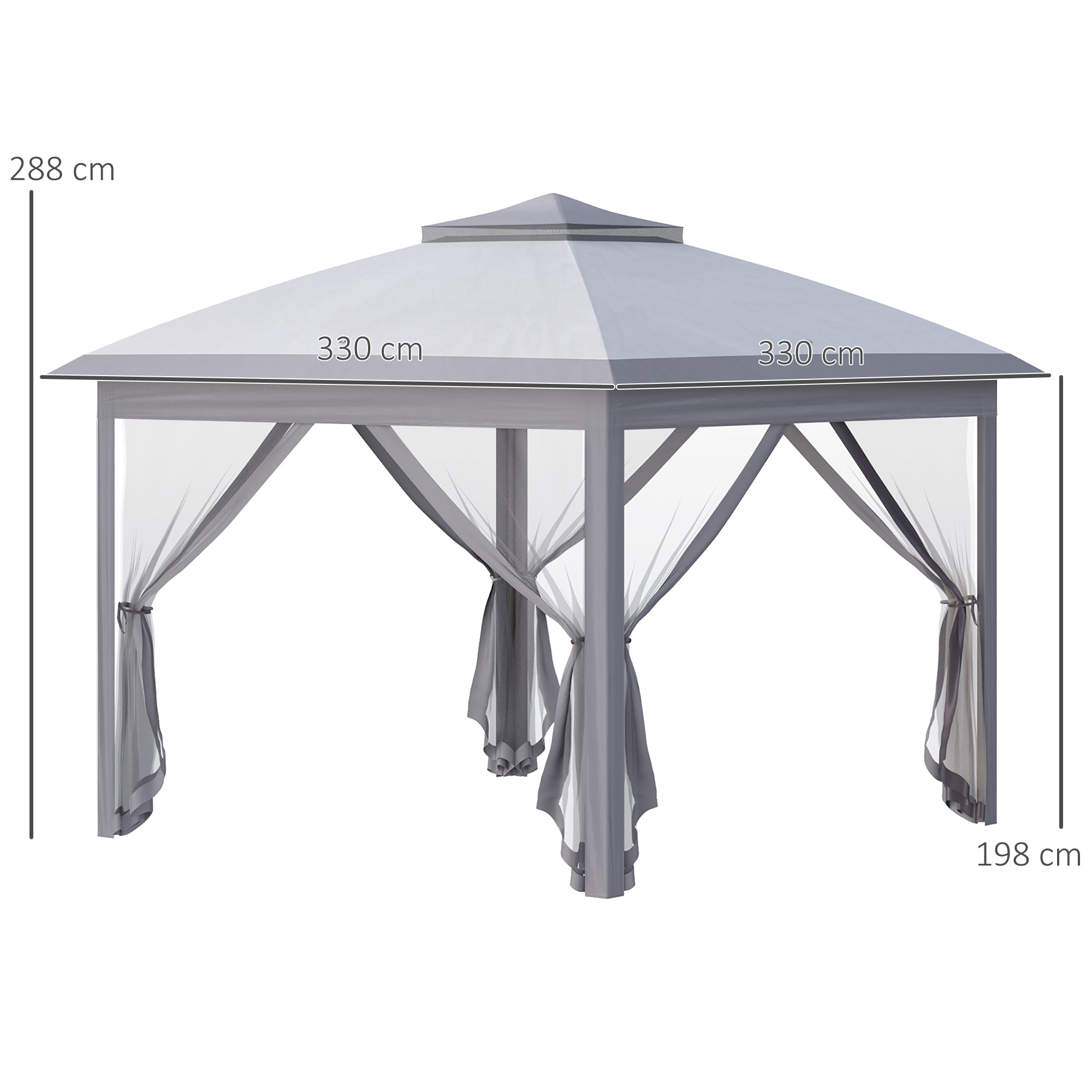 Outsunny 330cm x 330cm Pop Up Canopy, Double Roof Foldable Canopy Tent with Zipped Mesh Sidewalls, Height Adjustable and Carrying Bag, Event Tent for Patio Garden, Grey - North Peak Garden Furniture