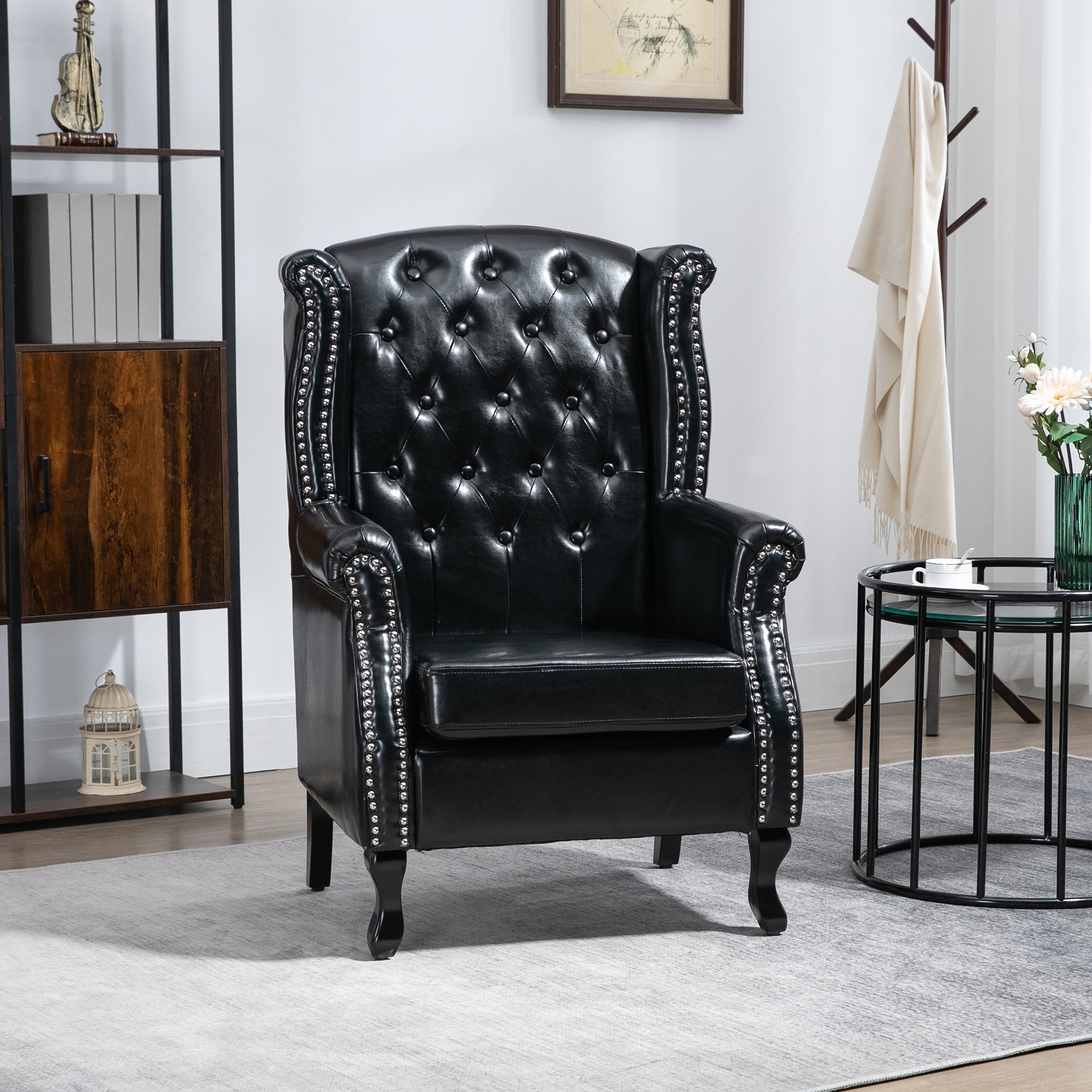 HOMCOM Wingback Accent Chair Tufted Chesterfield-style Armchair with Nail Head Trim for Living Room Bedroom Black - North Peak Garden Furniture