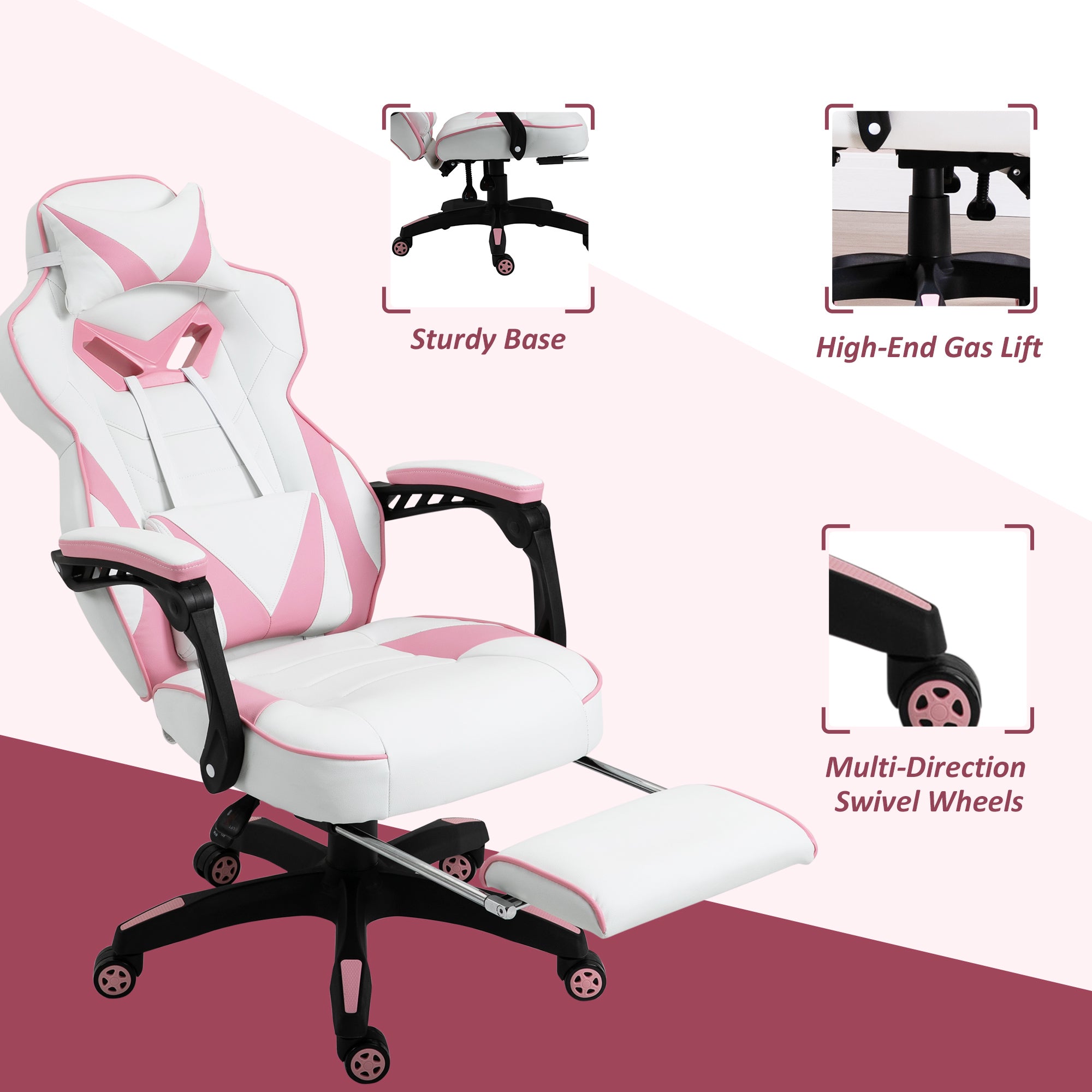 Vinsetto Computer Gaming Chair, Racing Desk Chair with Lumbar Support and Footrest, PU Leather Gamer Chair with Headrest and Swivel Wheels for Home, Pink - North Peak Garden Furniture