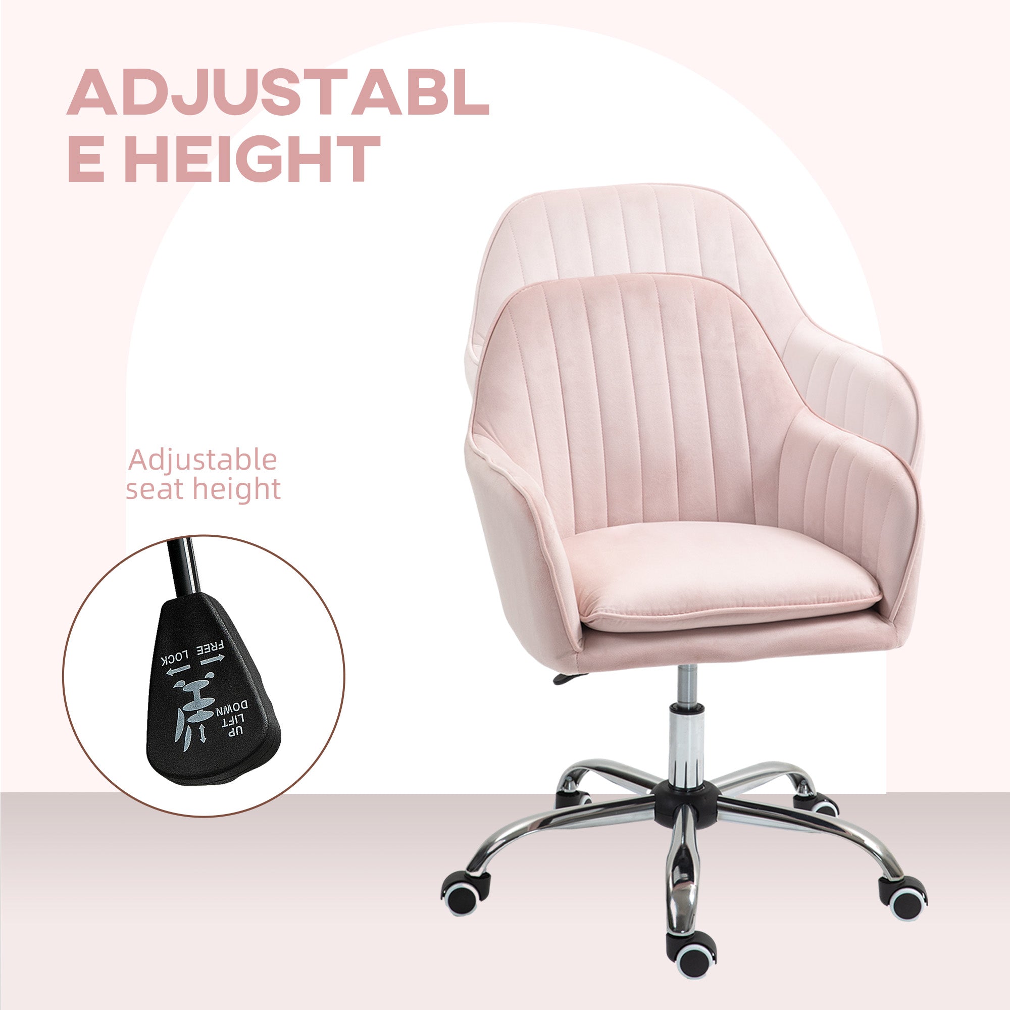 HOMCOM Velvet-Feel Tub Office Chair, with Seat Cushion - Pink - North Peak Garden Furniture