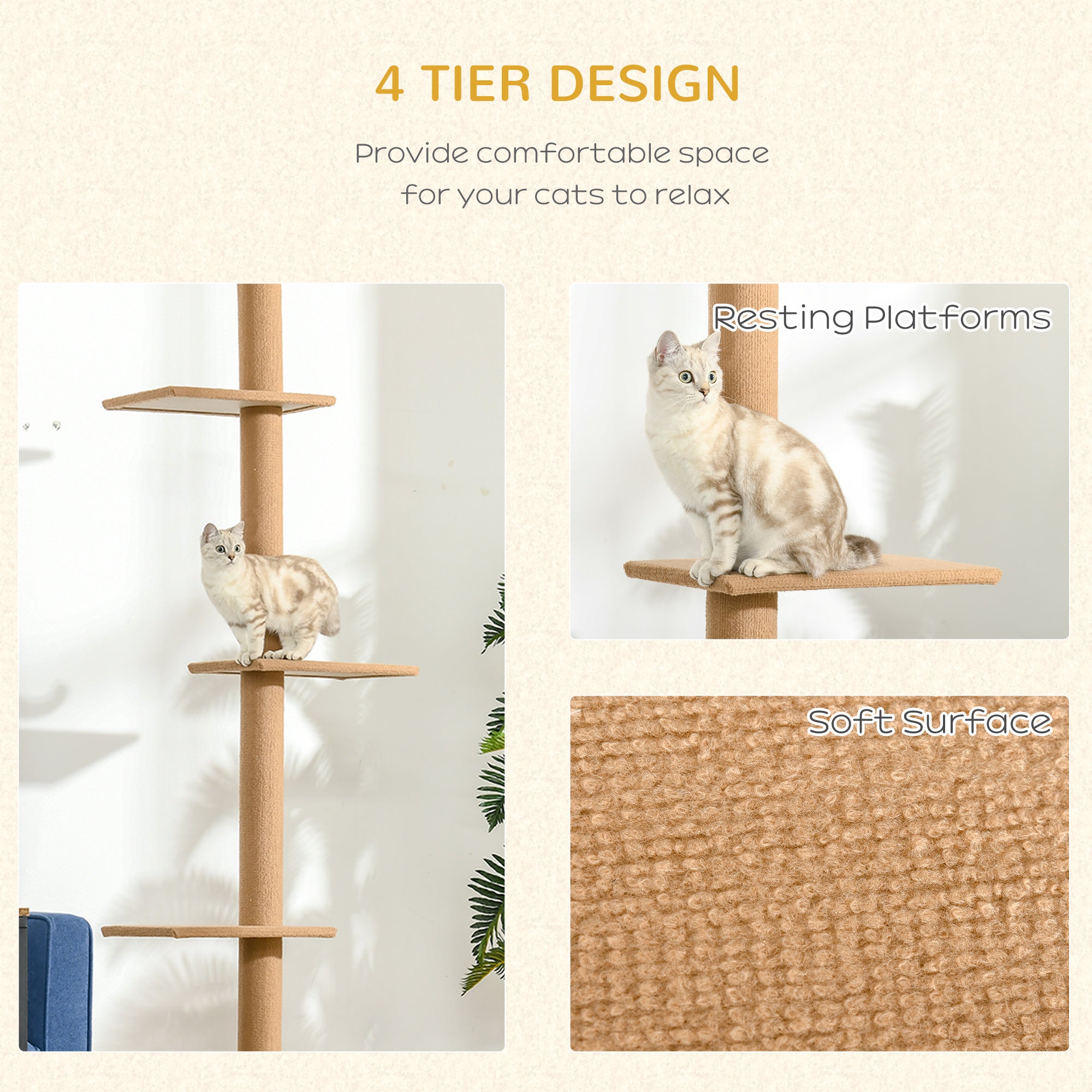 PawHut 260cm Floor To Ceiling Cat Tree for Indoor Cats w/ Three Platforms Activity Centre - Brown - North Peak Garden Furniture
