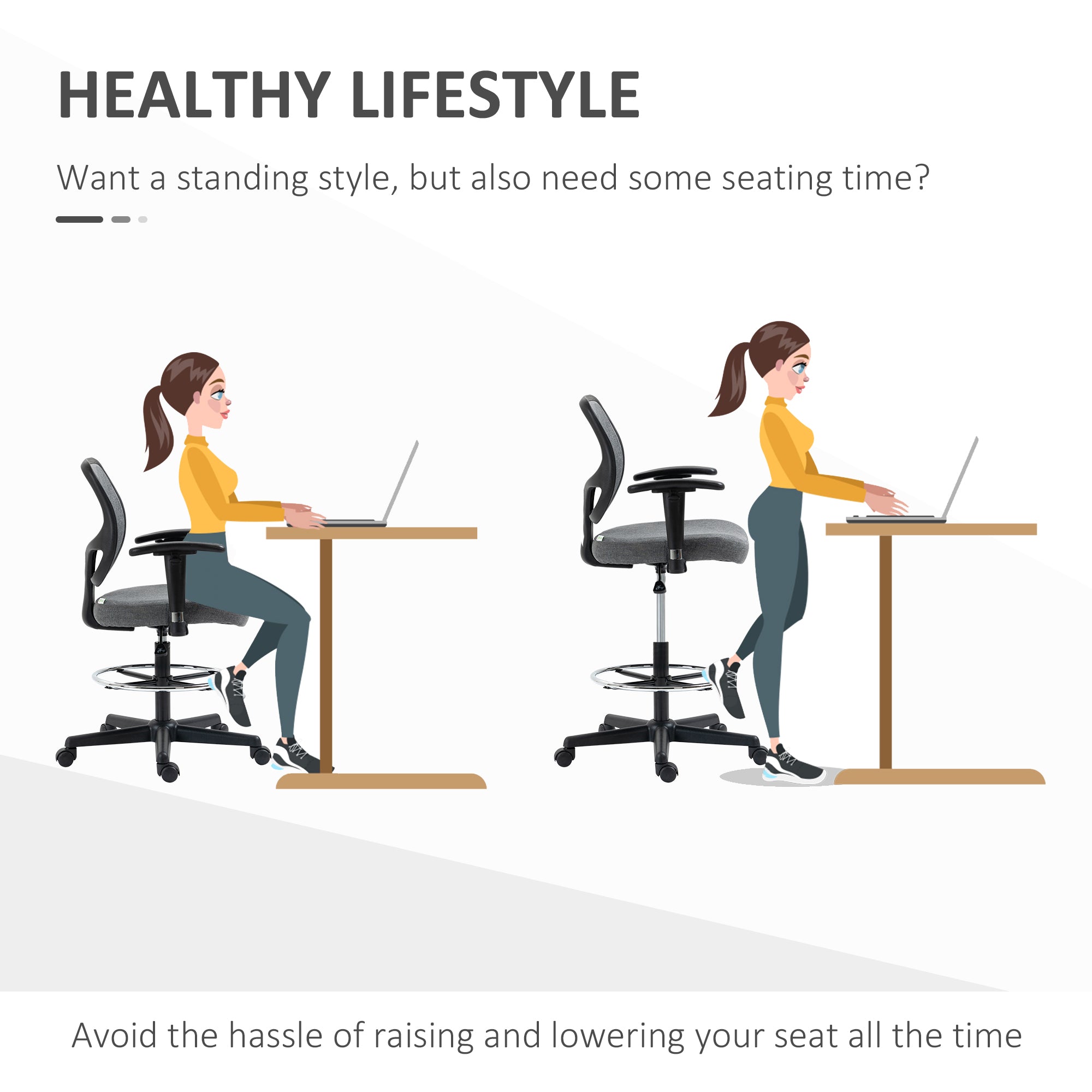 Vinsetto Drafting Chair, Fabric Office Chair, Ergonomic Painting Chair with Height Armrest Adjustable and Foot Ring, 360° Swivel Stool Chair for Standing Desk, Grey - North Peak Garden Furniture