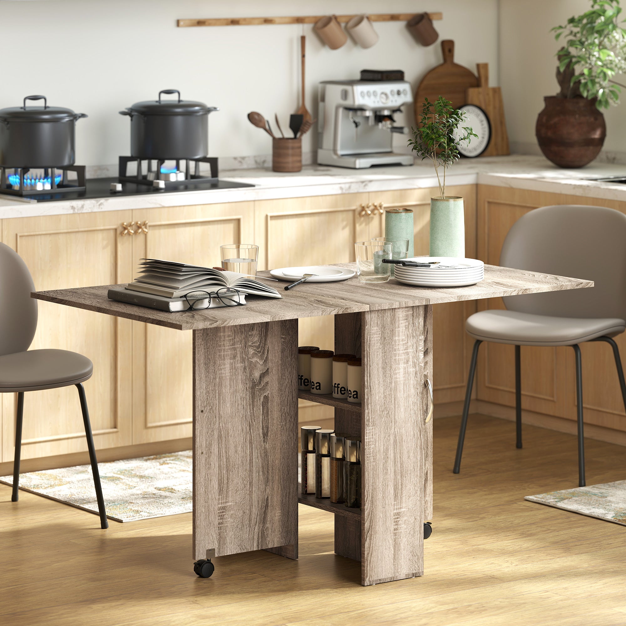 HOMCOM Folding Dining Table, Drop Leaf Table for Small Spaces with 2-tier Shelves, Small Kitchen Table with Rolling Casters, Grey