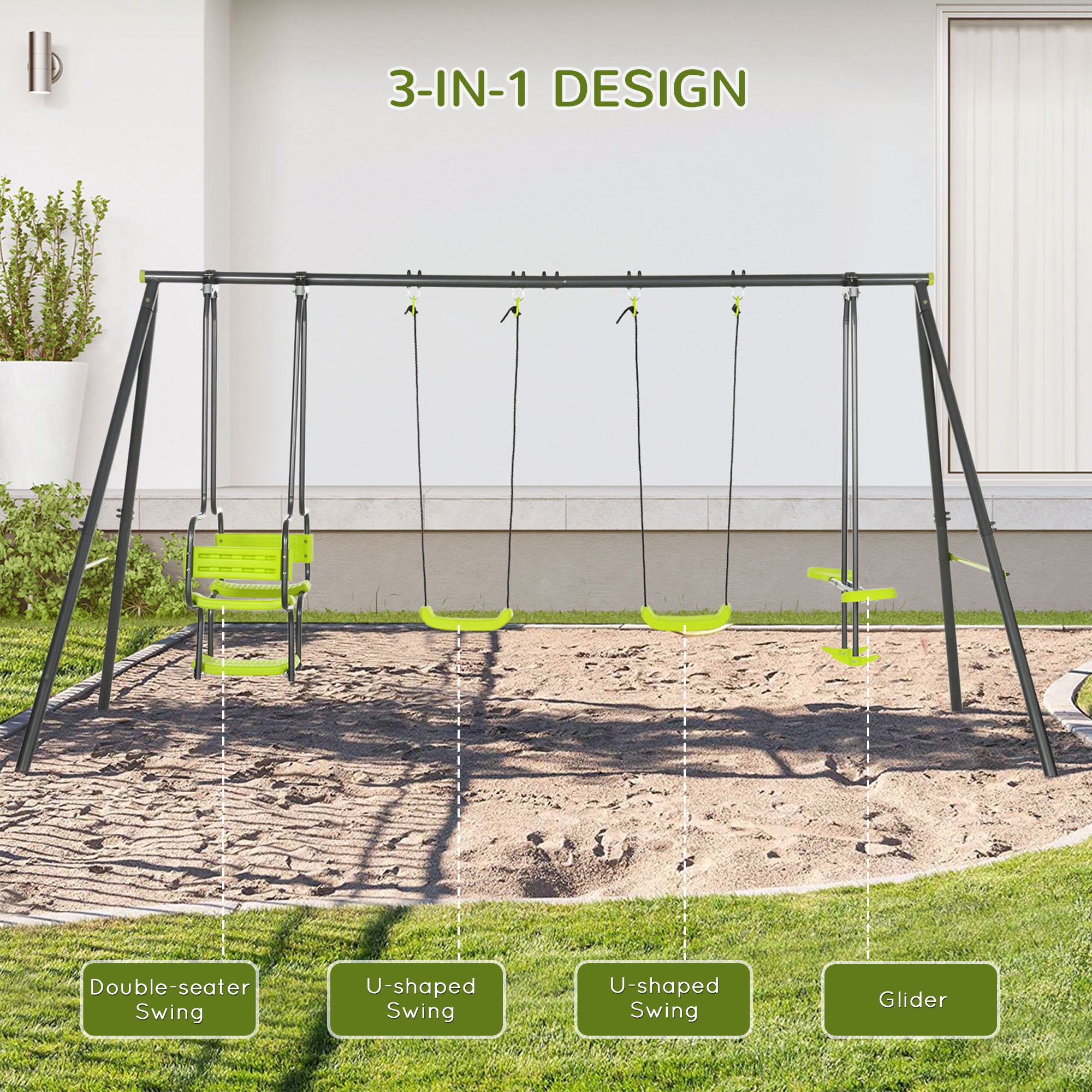 Outsunny Metal Garden Swing Set with Double Swings, Glider, Swing Seats - Green - North Peak Garden Furniture