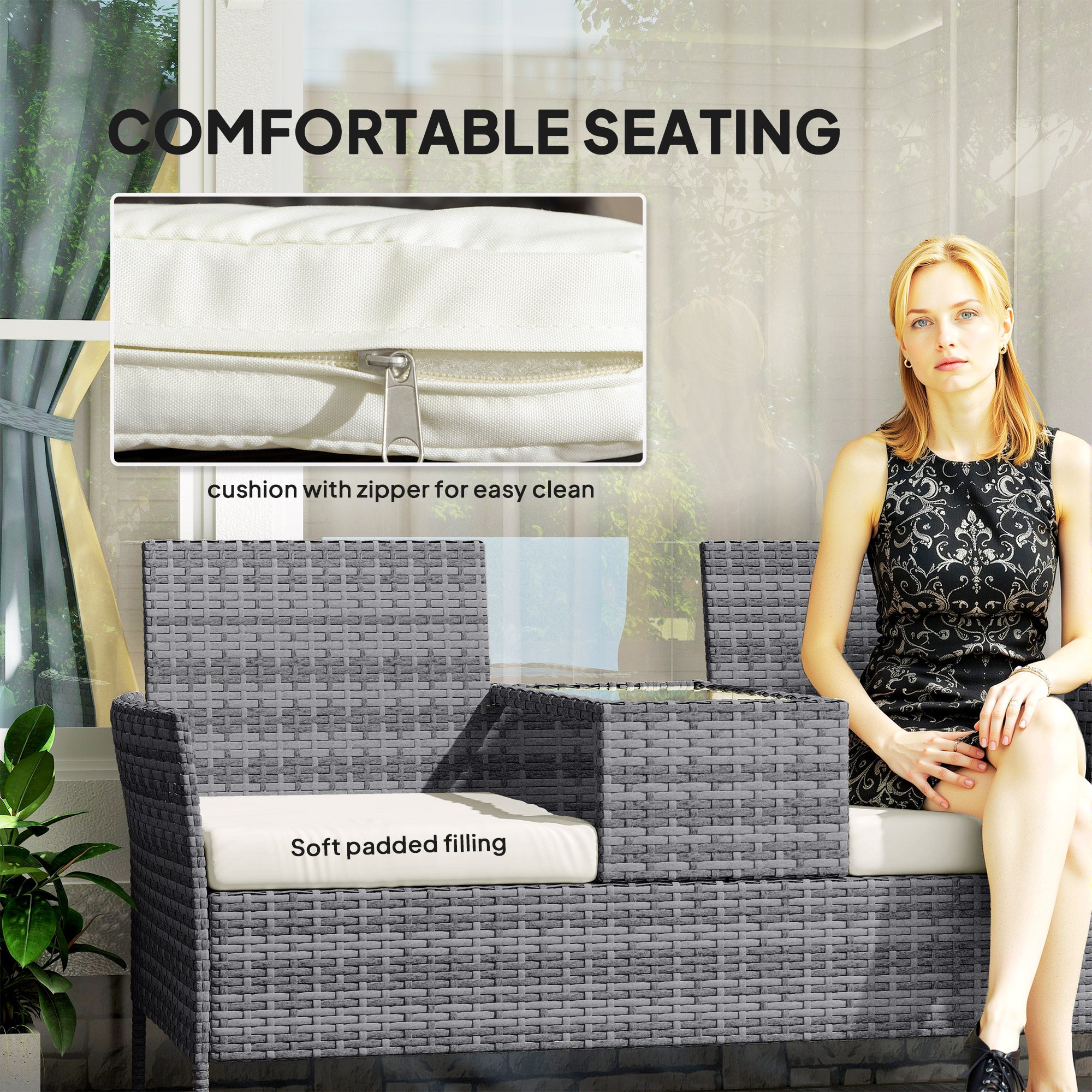Outsunny Two-Seat Rattan Chair, with Middle Table - Grey