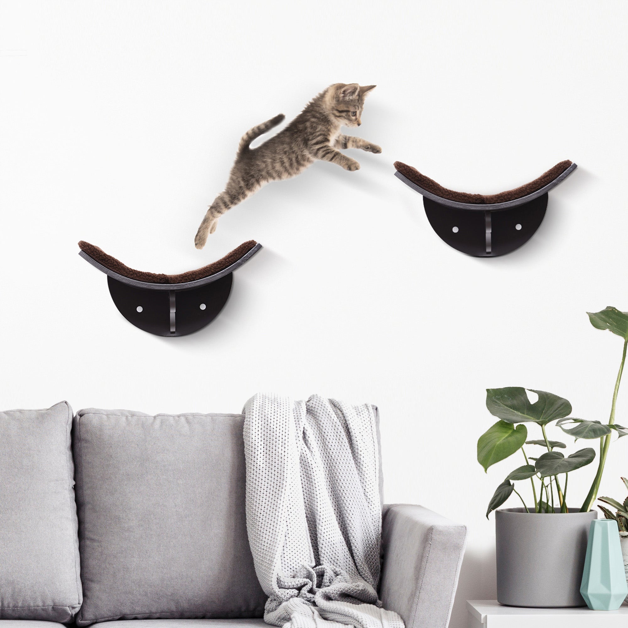 PawHut Wood Cat Shelves Wall-Mounted Shelter Curved Kitten Bed Cat Perch Climber Cat Furniture 41 x 28 x 21cm Brown - North Peak Garden Furniture