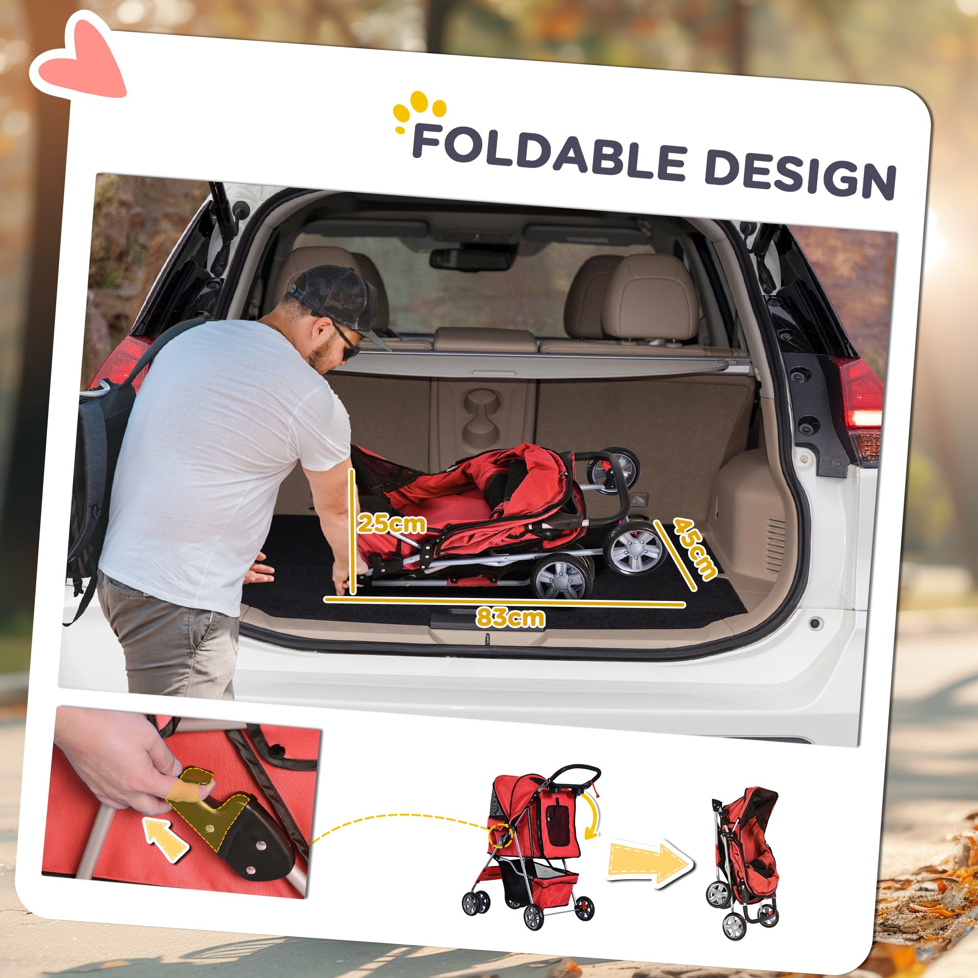 PawHut Pet Stroller for Small Miniature Dogs Cats Foldable Travel Carriage with Wheels Zipper Entry Cup Holder Storage Basket Red - North Peak Garden Furniture