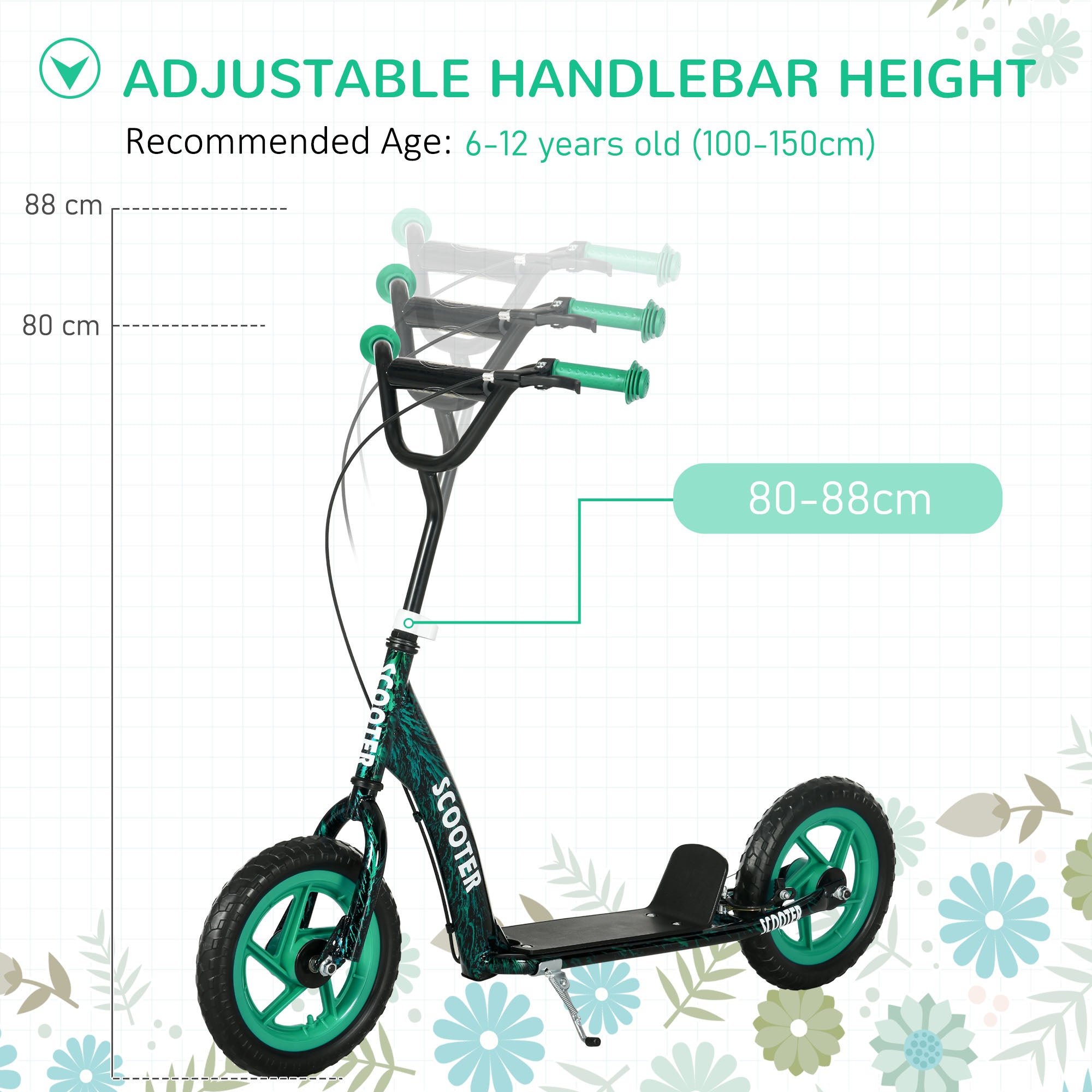 AIYAPLAY Kids Scooter with Adjustable Handlebar, Children's Kick Scooter with Non-slip Footplate, Rear Brake, Kickstand, Green - North Peak Garden Furniture