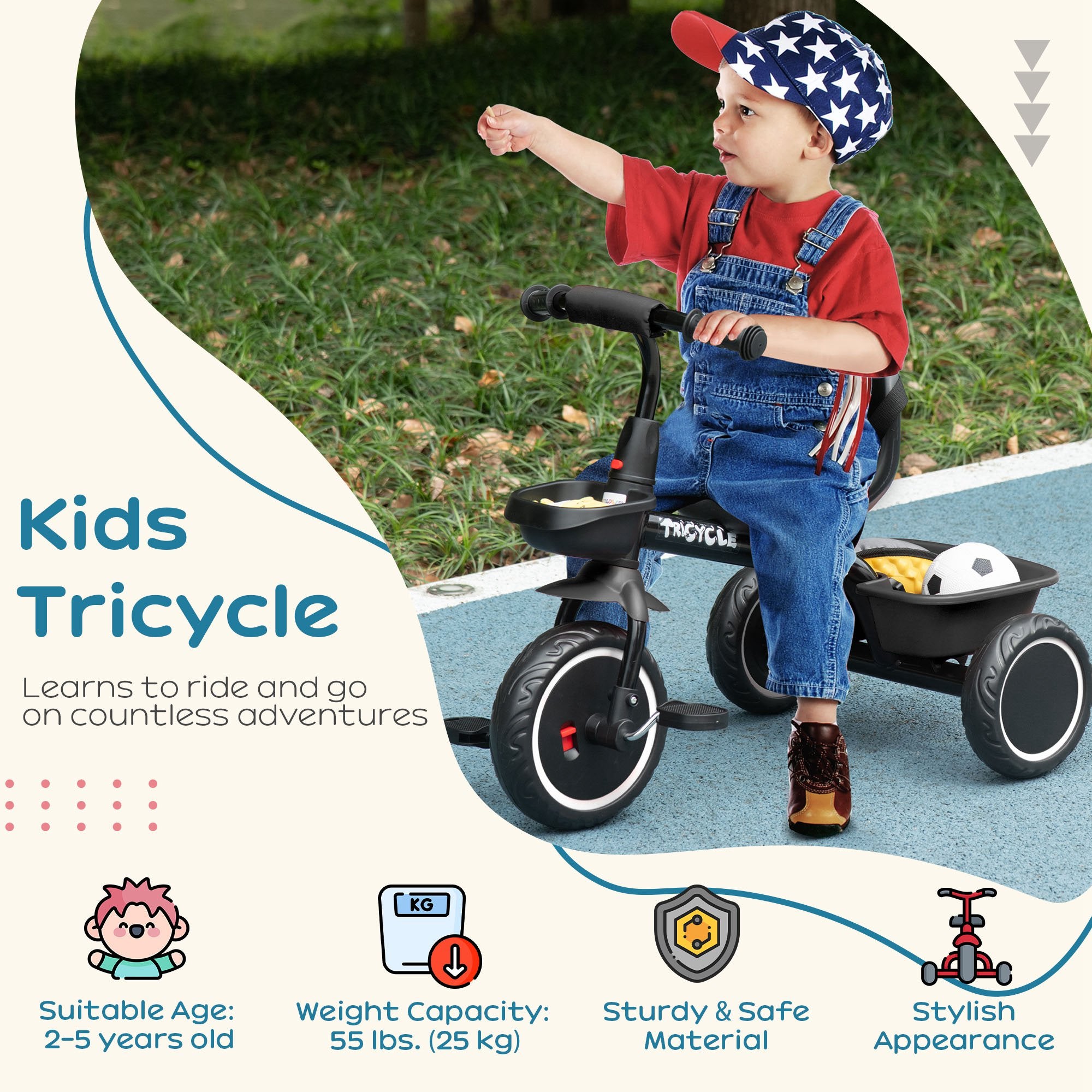 AIYAPLAY Kids Trike for 2-5 Years with Adjustable Seat, Pedal, Baskets, Black - North Peak Garden Furniture