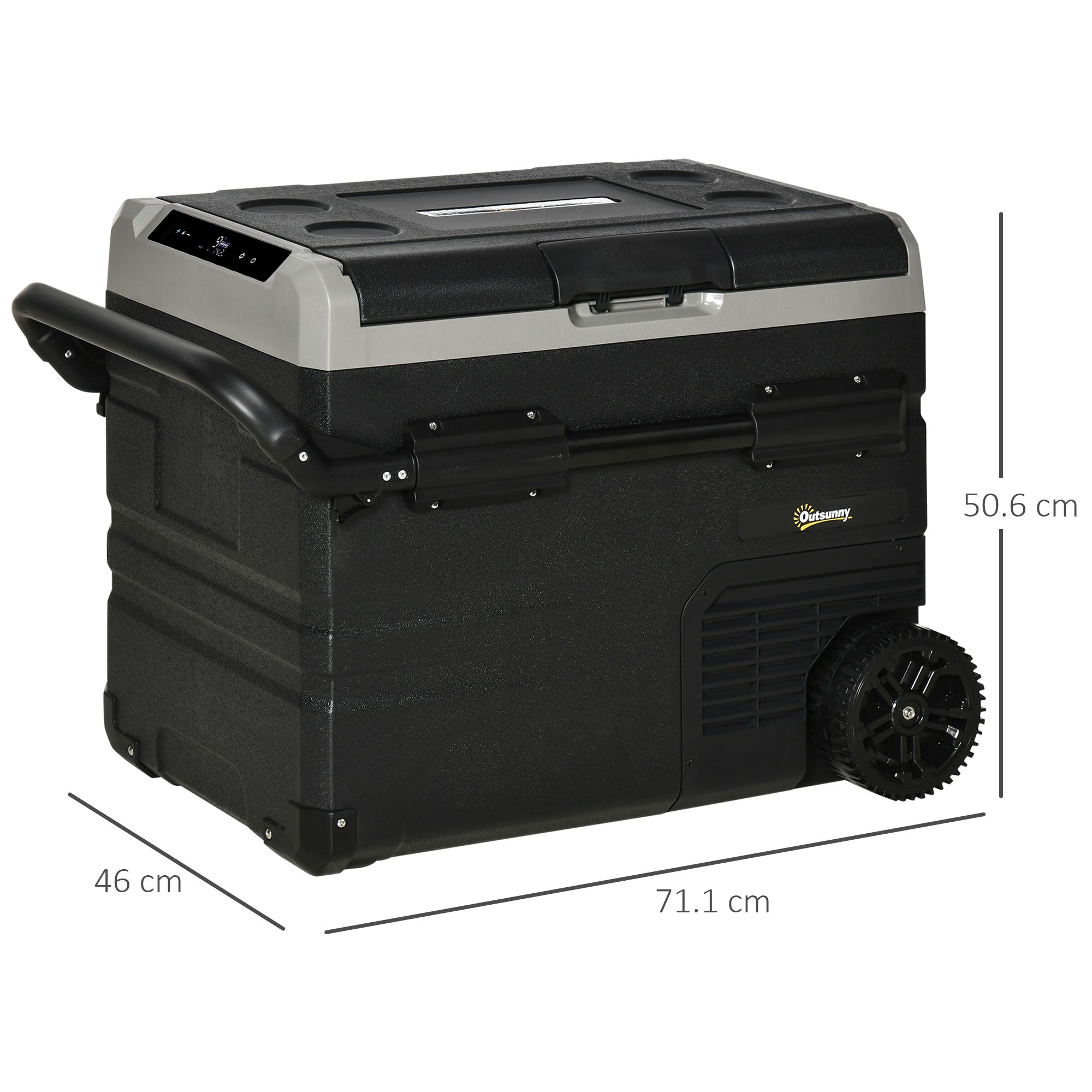 Outsunny 50L Car Refrigerator, Portable Compressor Cooler Box, Fridge Freezer w/ Inner LED Light, Foldable Handles, Cup Holders, 12/24V DC and 110-240V AC for Campervan RV Boat Travel Down to -20℃ - North Peak Garden Furniture