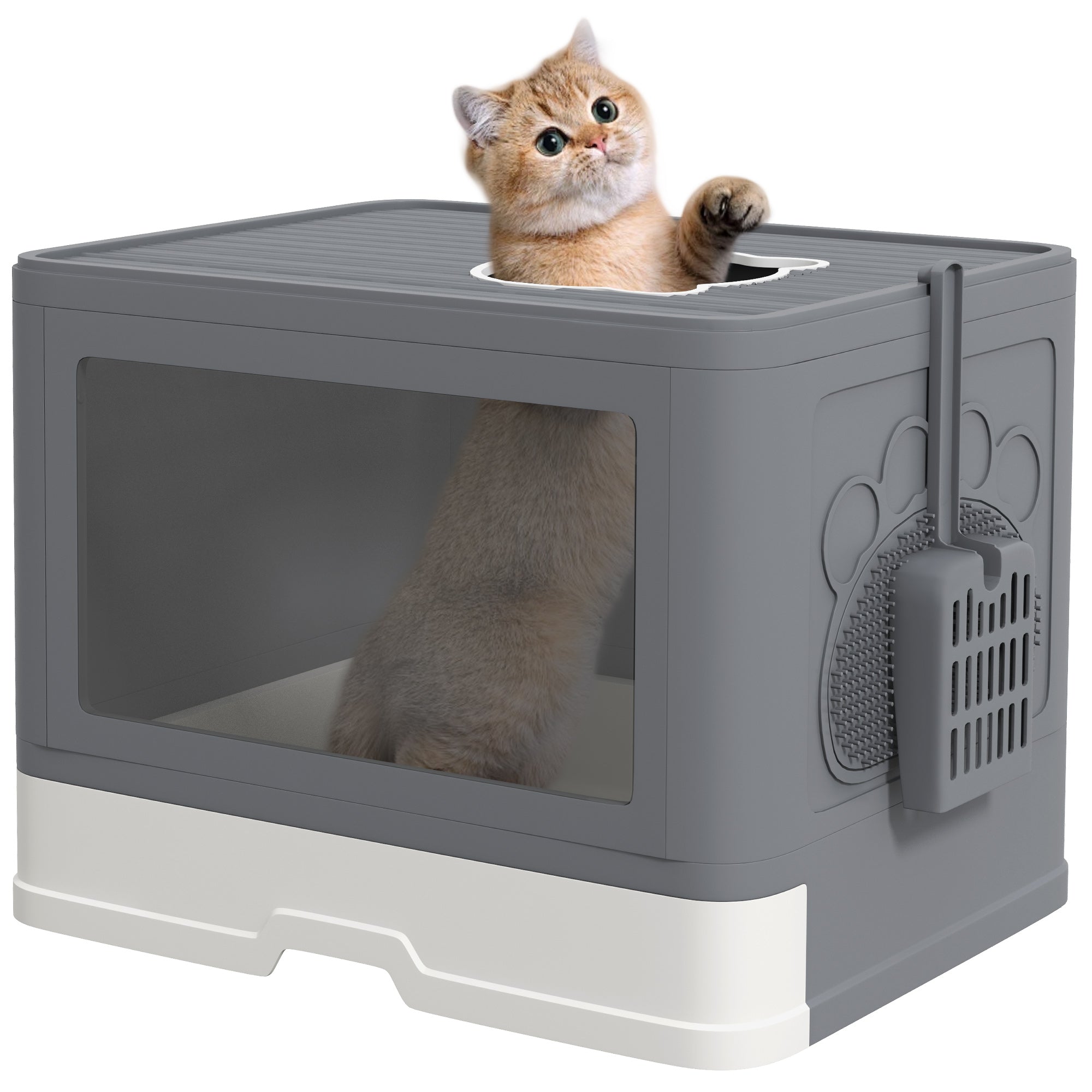 PawHut Enclosed Cat Litter Box with lid, Front Entry, Top Exit, Drawer, Tray, Scoop, Brush, 48.5 x 38 x 36.5cm - Grey