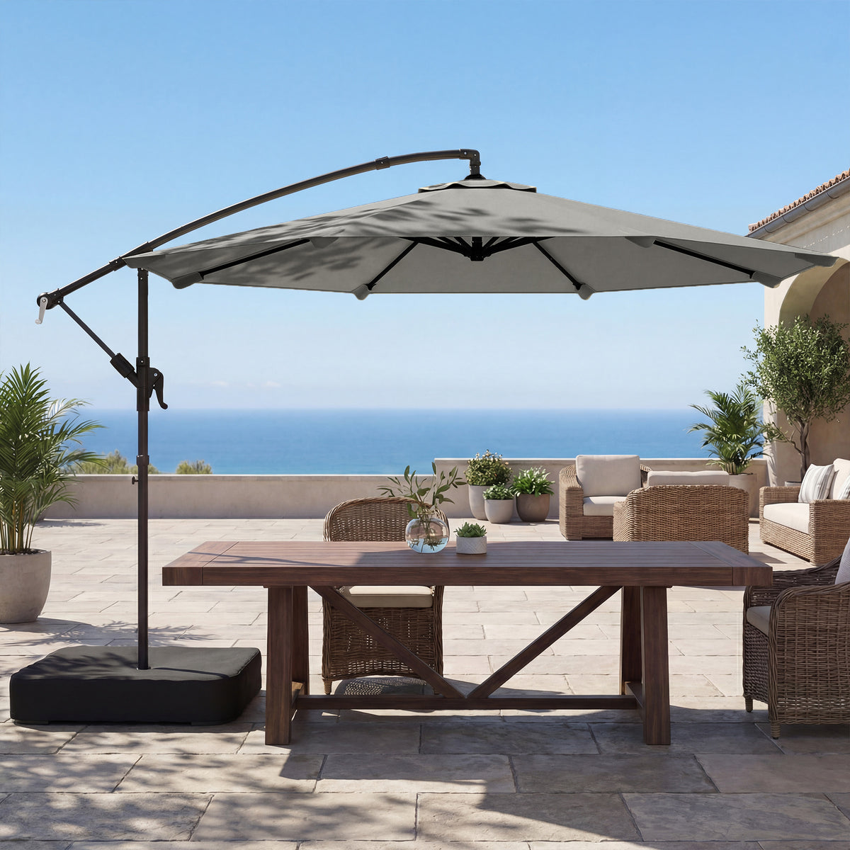 Outsunny 3 m Garden Cantilever Parasol with Cross Base, Sandbag, 360° Rotating Overhanging Banana Umbrella, Grey