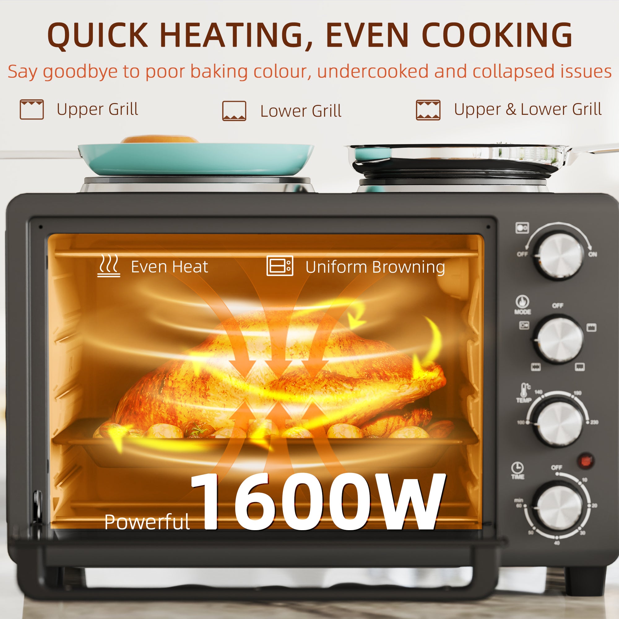 HOMCOM 28L Mini Oven with 2 Hot Plates, Countertop Toaster Oven, Grill, Roast, Bake, Boil, with Timer, Adjustable Temperature, Electric Oven with Baking Tray, Grill Rack, Crumb Tray, 2600W, Black - North Peak Garden Furniture